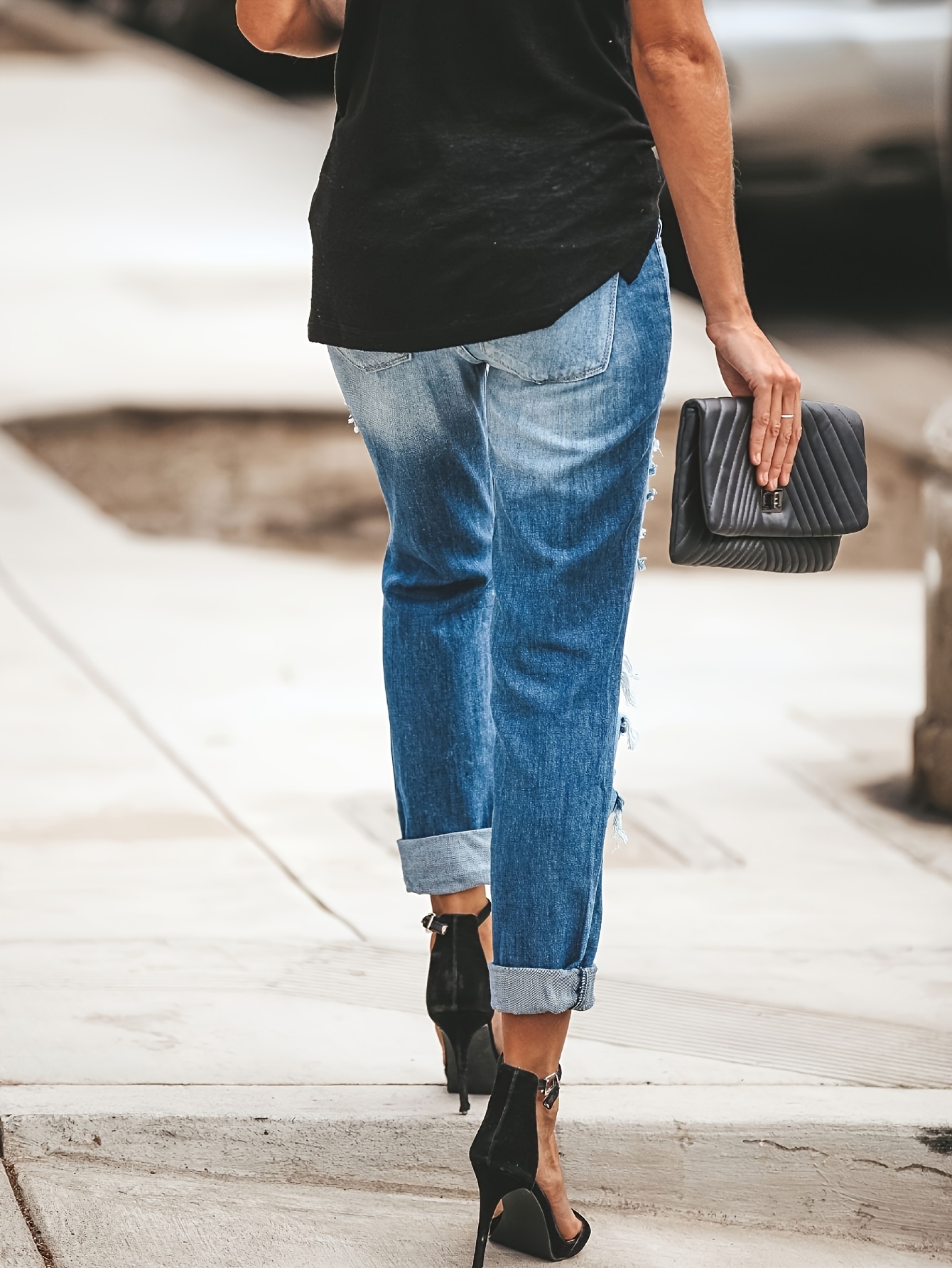 Stylish Women's Ripped Boyfriend Jeans - Loose Fit, Distressed, Stretchy, Mid-Waisted, Comfortable Denim Pants with Relaxed Silhouette, Five-Pocket Design, and Soft Fabric