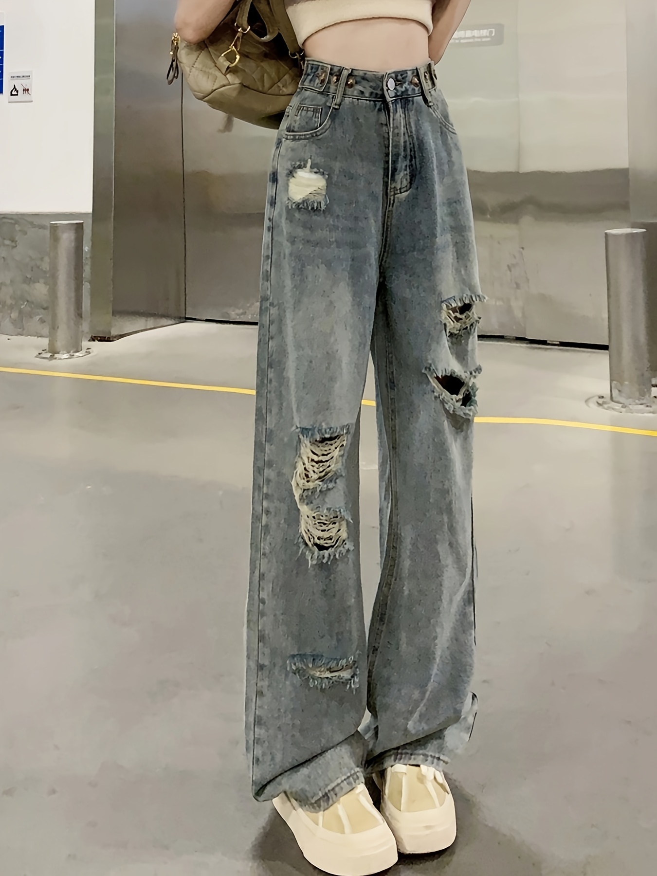 Vintage Chic Ripped Straight Leg Denim Jeans - Non-Stretch, Ombre Pattern, Loose Fit, Slant Pockets, Machine Washable, All-Season, Woven Fabric - Womens Fashionable Denim Clothing