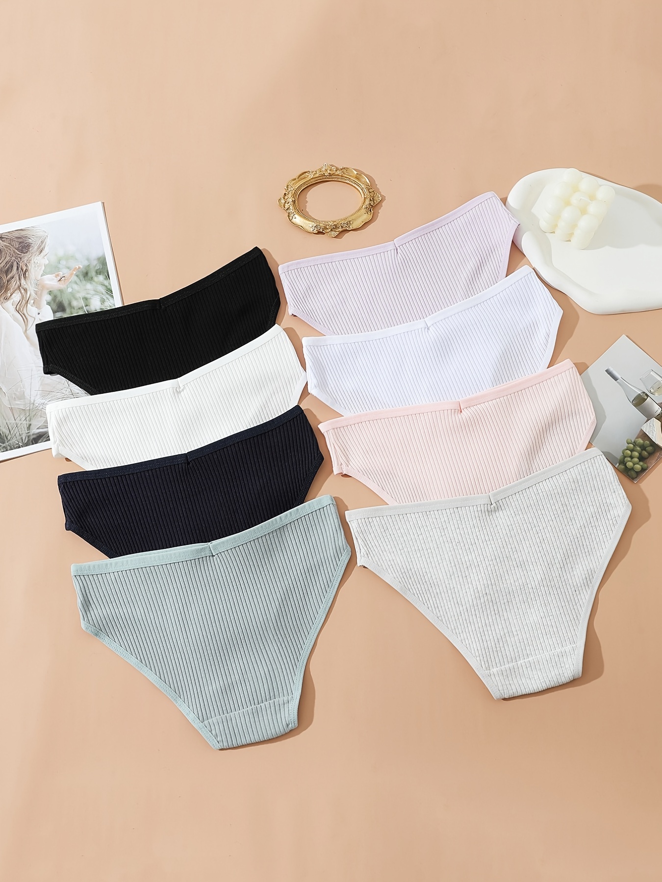 8pcs Seamless Ribbed Bikini, Comfy & Breathable Low Waist Panties, Women's Lingerie & Underwear