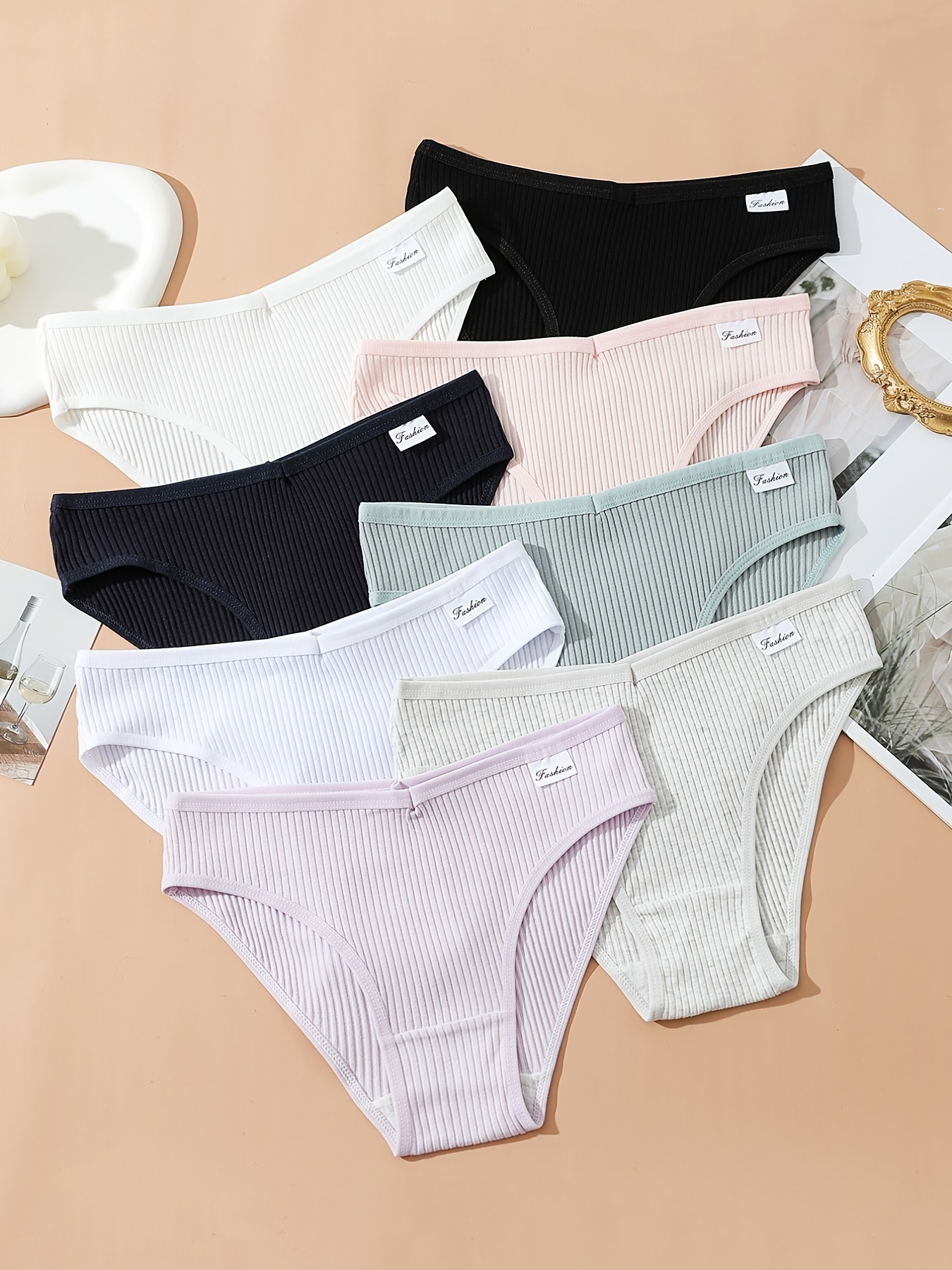 8pcs Seamless Ribbed Bikini, Comfy & Breathable Low Waist Panties, Women's Lingerie & Underwear