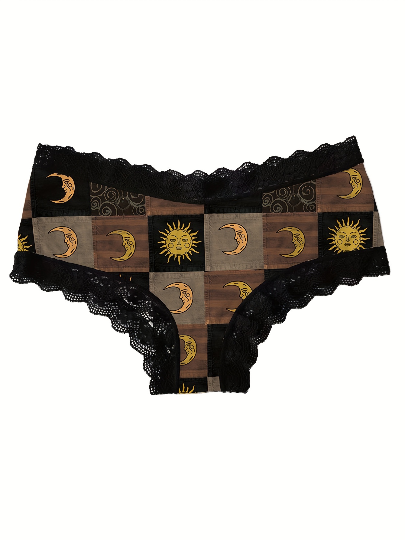 3pcs Moon & Sun Print Lace Trim Briefs - Ultra Comfy, Breathable, Stretchy, Soft Touch Intimates - Womens Lingerie & Underwear for Everyday Comfort