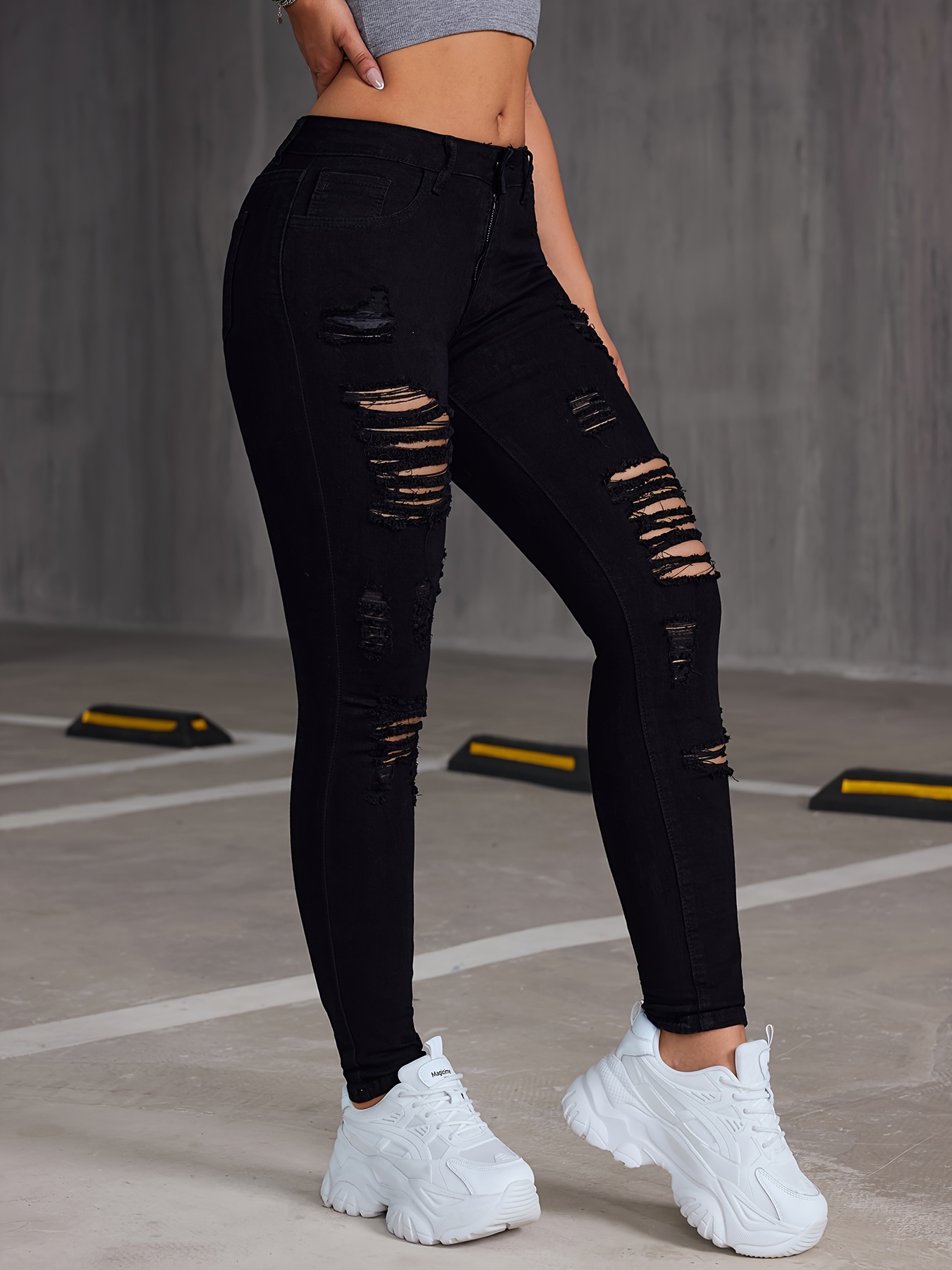 Stretchy High-Rise Skinny Jeans - Distressed, Ripped, High Waist, Comfortable, Black Denim Pants for Women - Fashionable Denim Clothing with High Elasticity and Soft Fabric