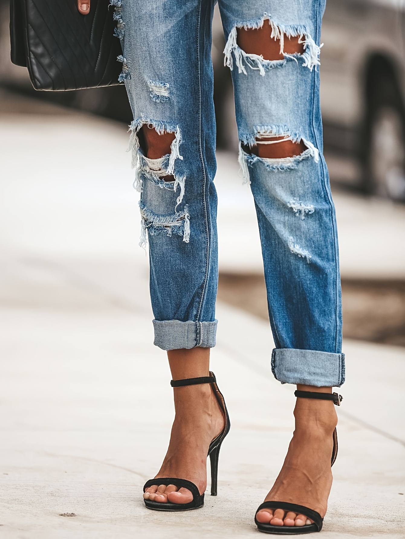 Stylish Women's Ripped Boyfriend Jeans - Loose Fit, Distressed, Stretchy, Mid-Waisted, Comfortable Denim Pants with Relaxed Silhouette, Five-Pocket Design, and Soft Fabric