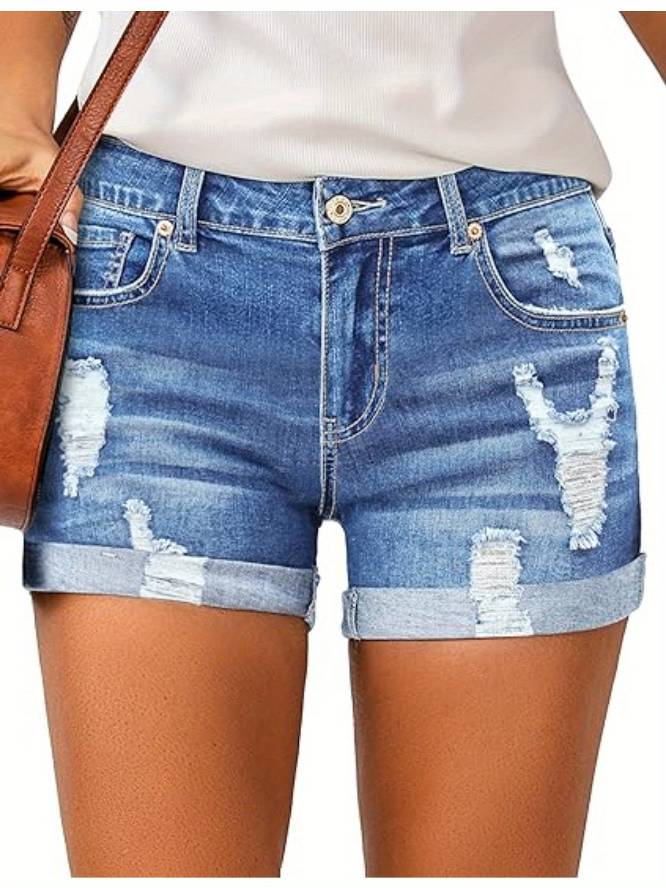 Women's Casual High-Waisted Denim Shorts, Rolled Hem Ripped Jeans, Distressed Summer Fashion, Breathable Blue Jean Shorts