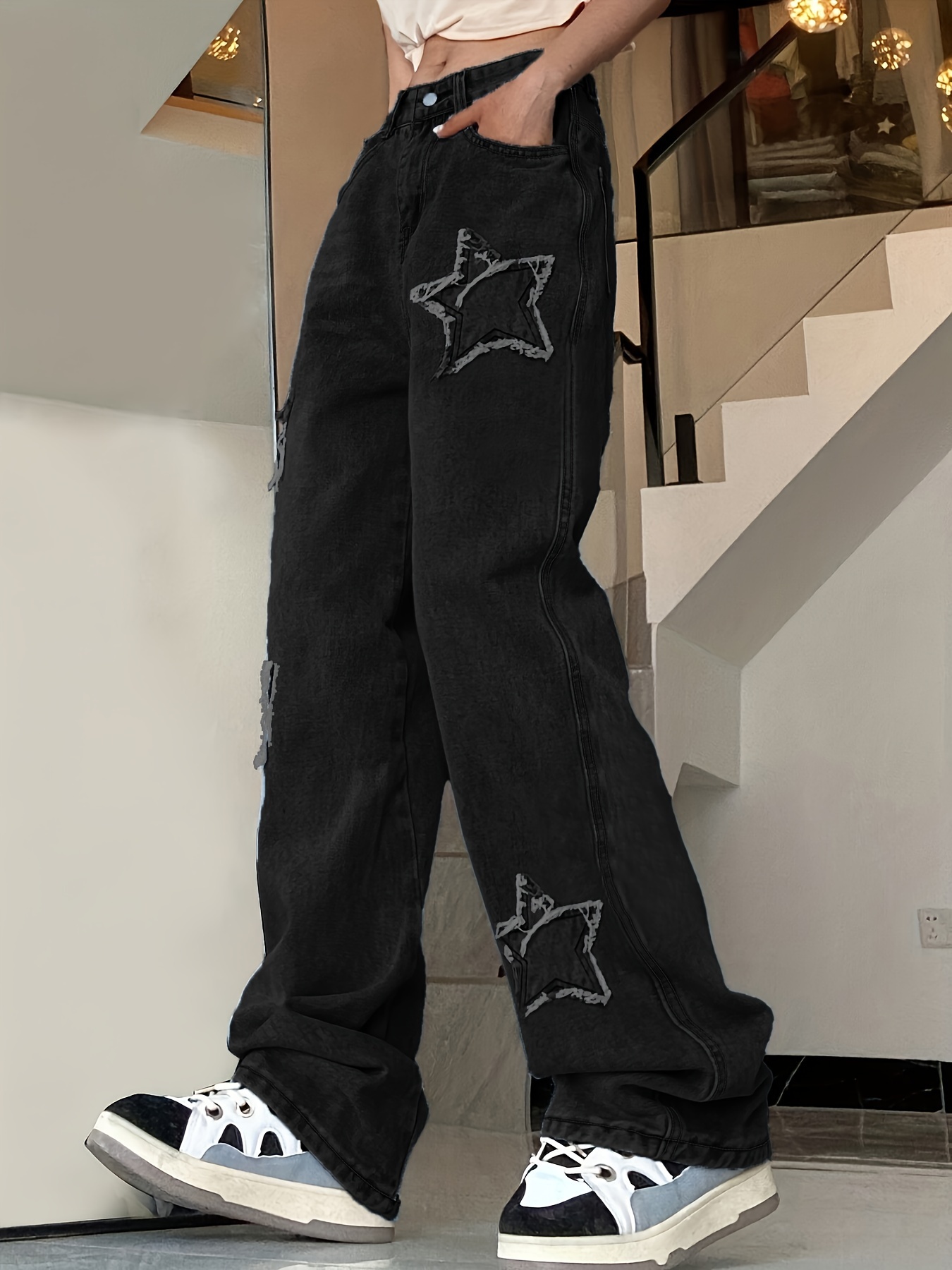 Women's Blue Star Patchwork Straight Jeans with Slant Pockets and Loose Fit - Non-Stretch Denim Pants for Comfortable and Stylish Look