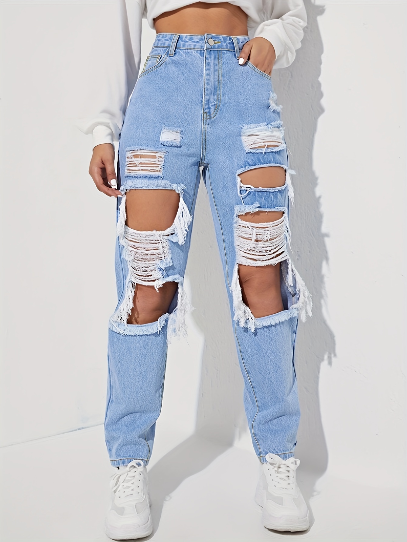 Long Length High-Waisted Wide Leg Distressed Jeans - Fashionable Ripped Denim Pants with Frayed Detail, Relaxed Fit, Button Fly Closure, and Machine Washable - Perfect for Weekend Casual Streetwear