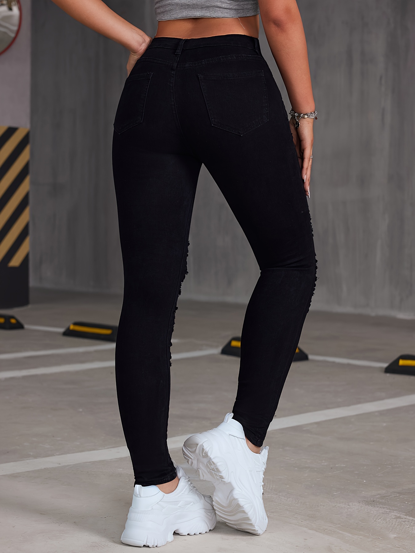 Stretchy High-Rise Skinny Jeans - Distressed, Ripped, High Waist, Comfortable, Black Denim Pants for Women - Fashionable Denim Clothing with High Elasticity and Soft Fabric