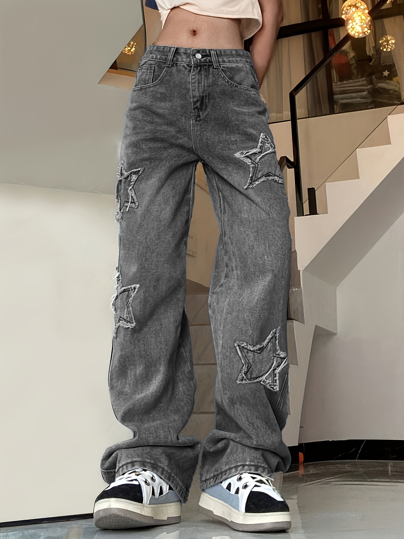 Women's Blue Star Patchwork Straight Jeans with Slant Pockets and Loose Fit - Non-Stretch Denim Pants for Comfortable and Stylish Look