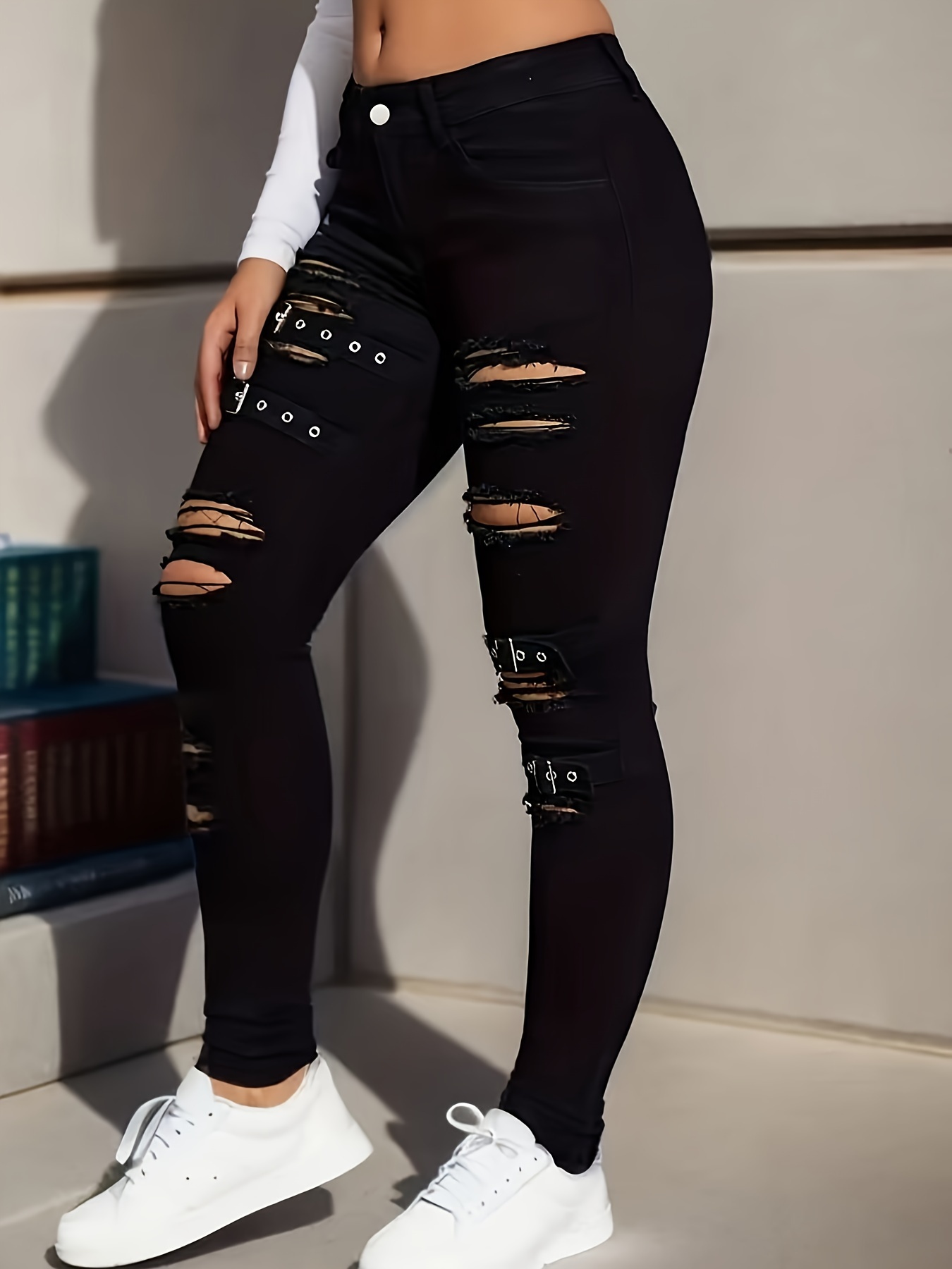 Trendy High-Waisted Ripped Skinny Jeans - Distressed Black Denim Pants with Buckle Details, Street Style Design, Comfortable Stretch Fabric, and Flattering Fit for Spring and Fall Seasons