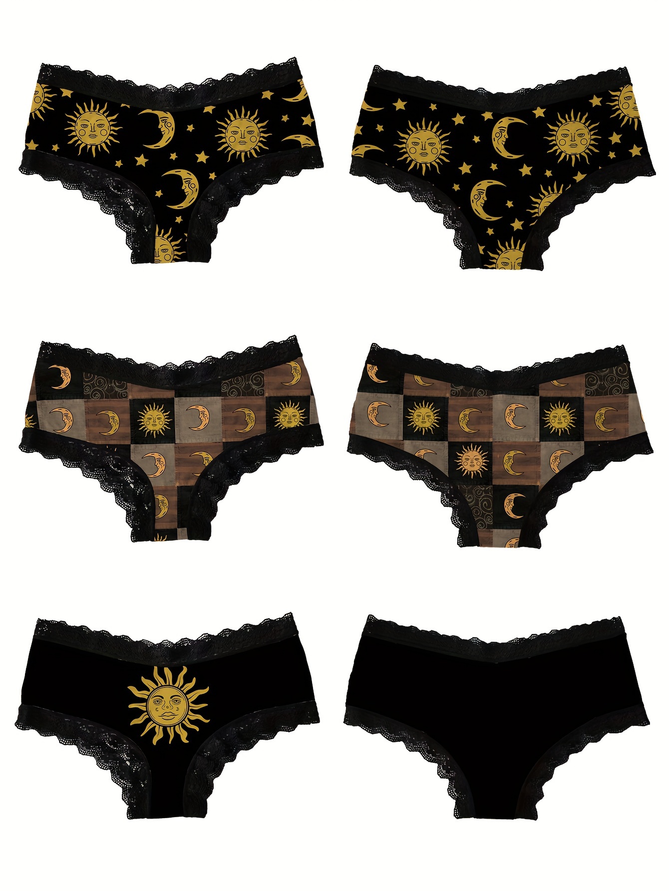 3pcs Moon & Sun Print Lace Trim Briefs - Ultra Comfy, Breathable, Stretchy, Soft Touch Intimates - Womens Lingerie & Underwear for Everyday Comfort
