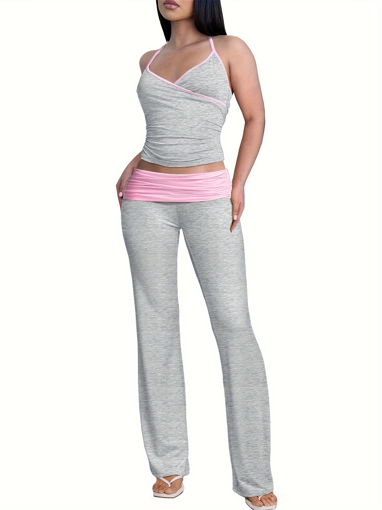 Women's 2 Piece Lounge Sets Fold Over Yoga Flare Pants Set Spaghetti Strap Y2K Tank Tops Casual Loungewear Outfits