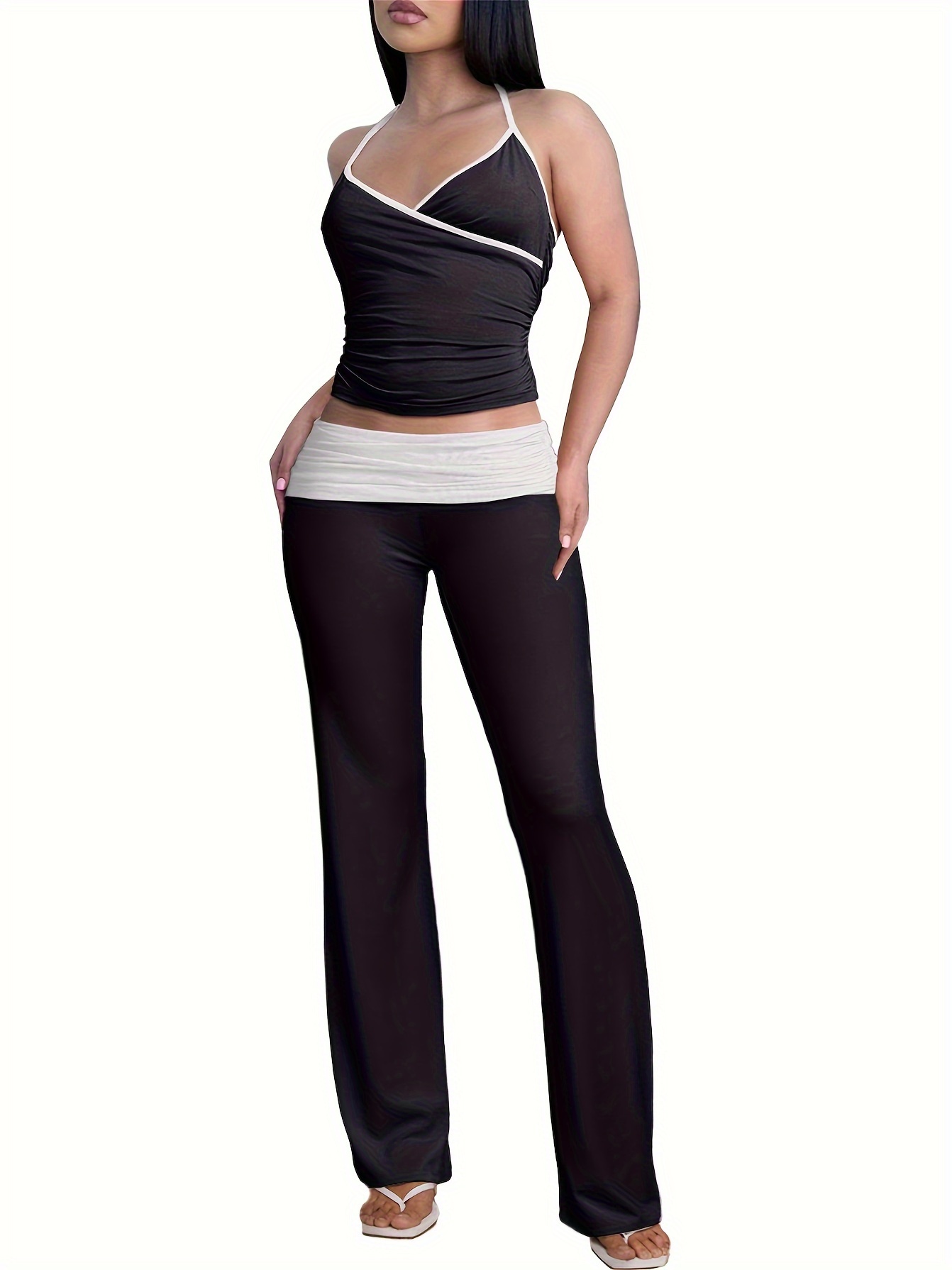 Women's 2 Piece Lounge Sets Fold Over Yoga Flare Pants Set Spaghetti Strap Y2K Tank Tops Casual Loungewear Outfits