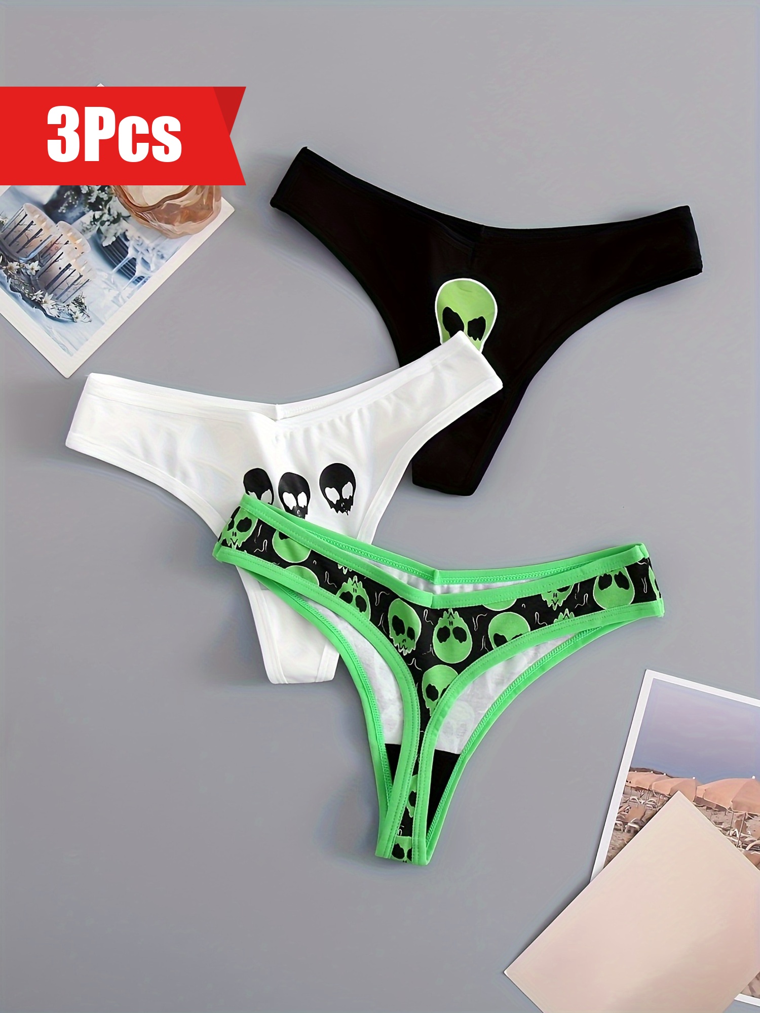 3pcs Womens Skull Print Thong Panties - Ultra-Soft, Seamless & Stretch-fit Lingerie Set - Breathable, Comfy Intimates for Everyday Chic Style