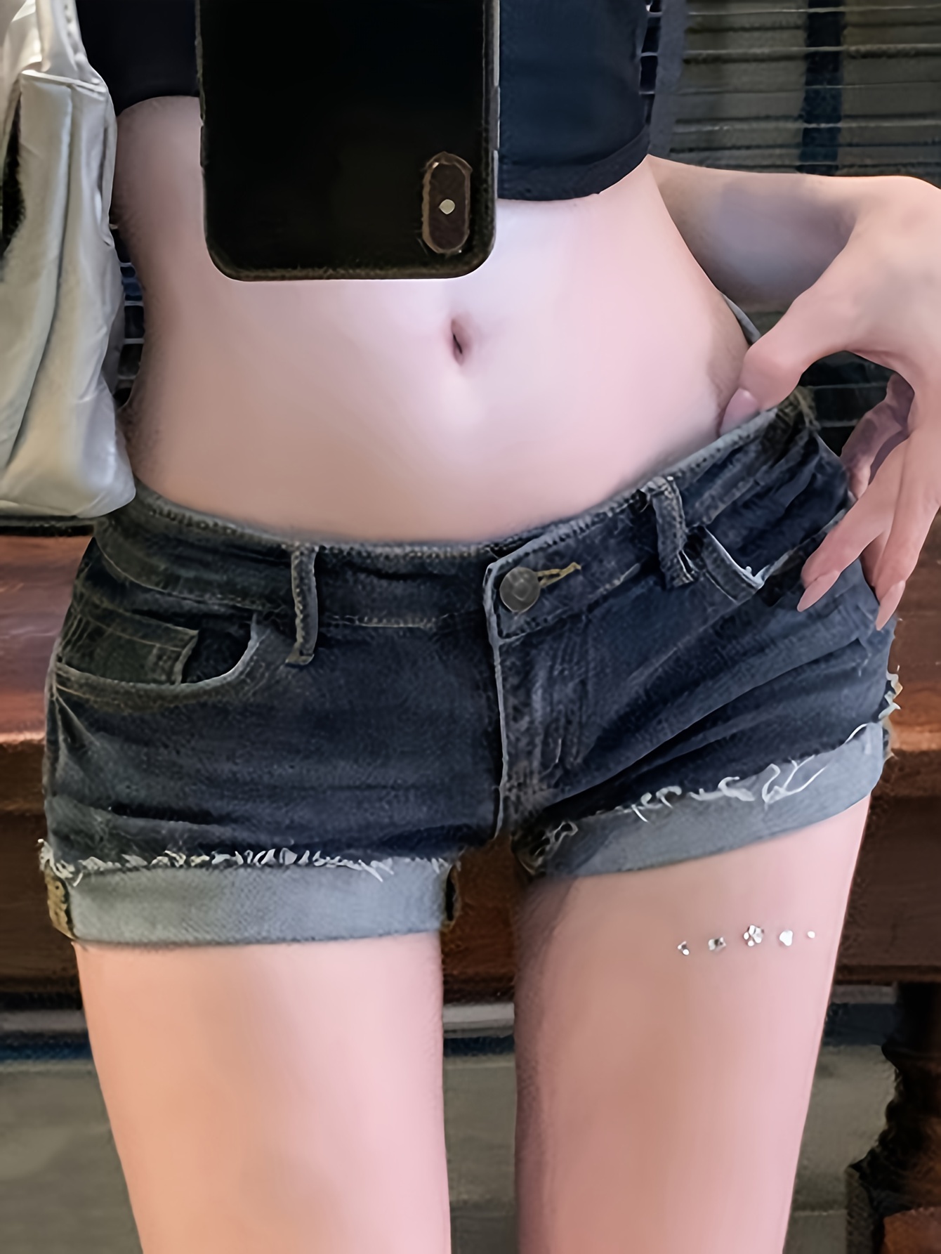Women's Casual Low Rise Denim Shorts, Solid Color, Slim Fit, Rolled Cuff, Street Style Jean Hotpants