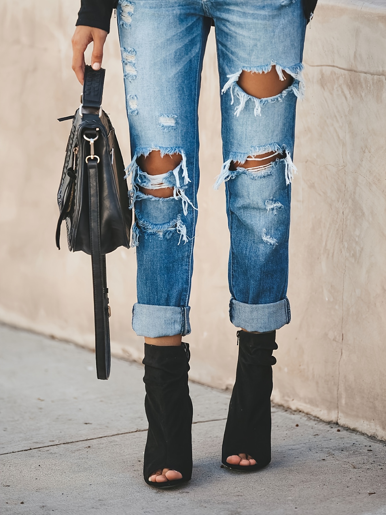 Stylish Women's Ripped Boyfriend Jeans - Loose Fit, Distressed, Stretchy, Mid-Waisted, Comfortable Denim Pants with Relaxed Silhouette, Five-Pocket Design, and Soft Fabric