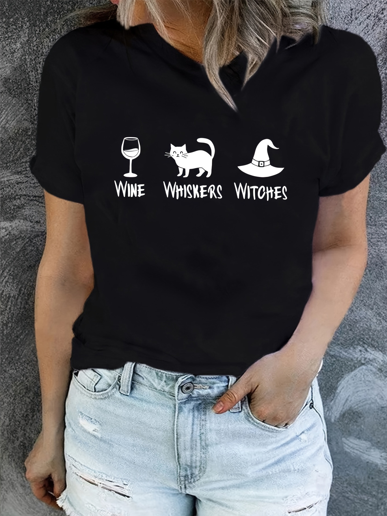 Wine Whiskers Witch Printed T-Shirt, Short Sleeve Crew Neck Casual Top for Summer and Spring, Women's Clothing
