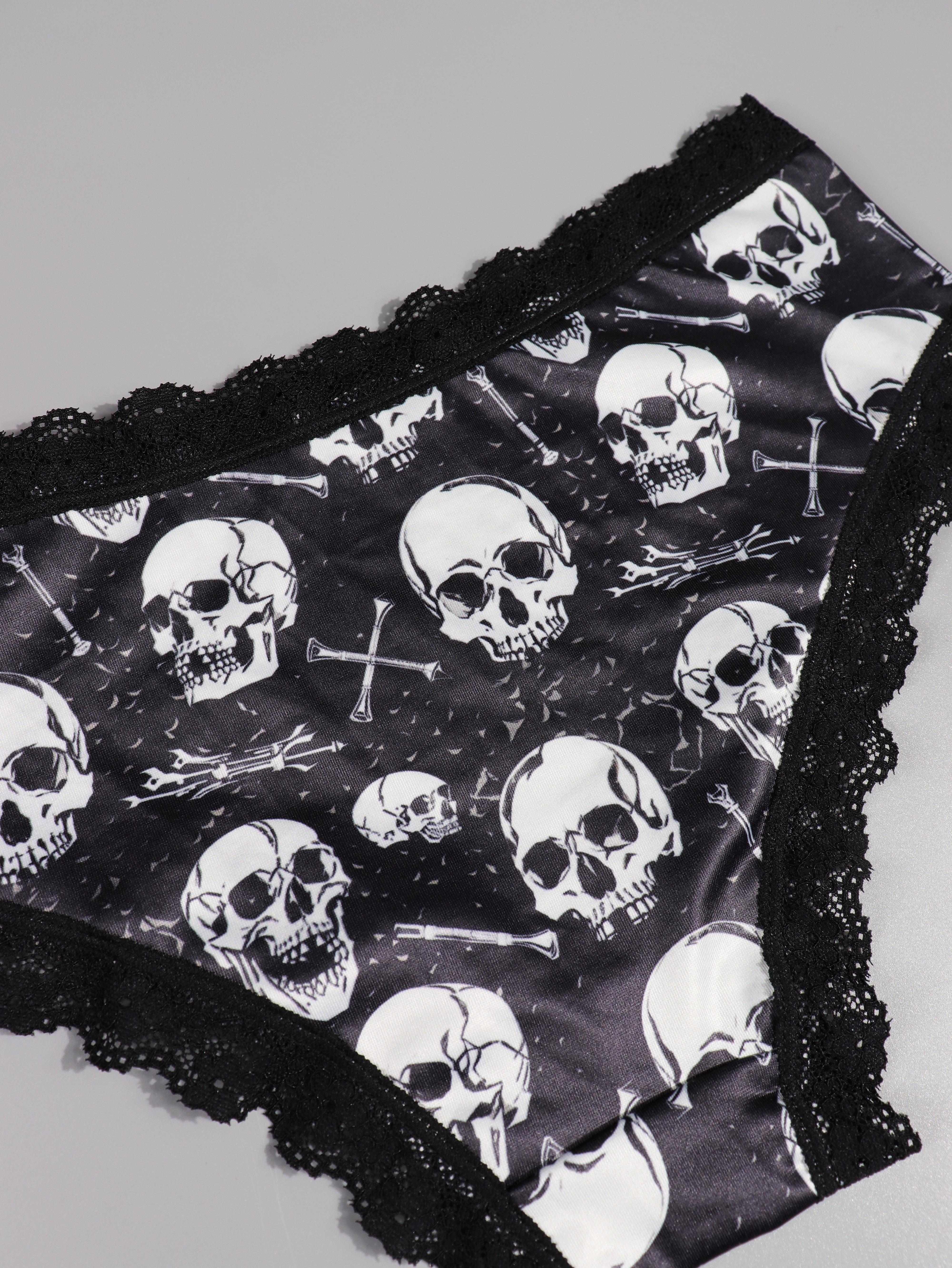 4pcs Gothic Skull Print Lace Trim Low Waist Briefs, Soft & Comfy Stretchy Panties, Women's Lingerie & Underwear