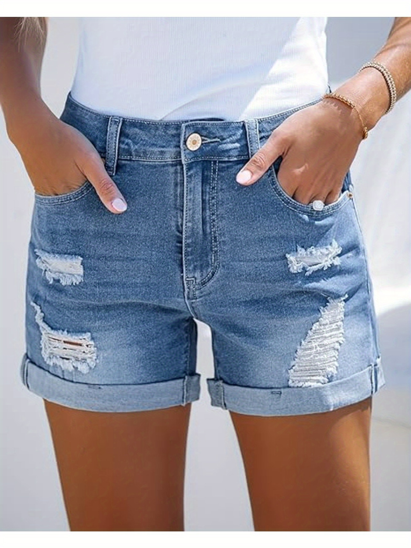 Women's Casual High-Waisted Denim Shorts, Rolled Hem Ripped Jeans, Distressed Summer Fashion, Breathable Blue Jean Shorts