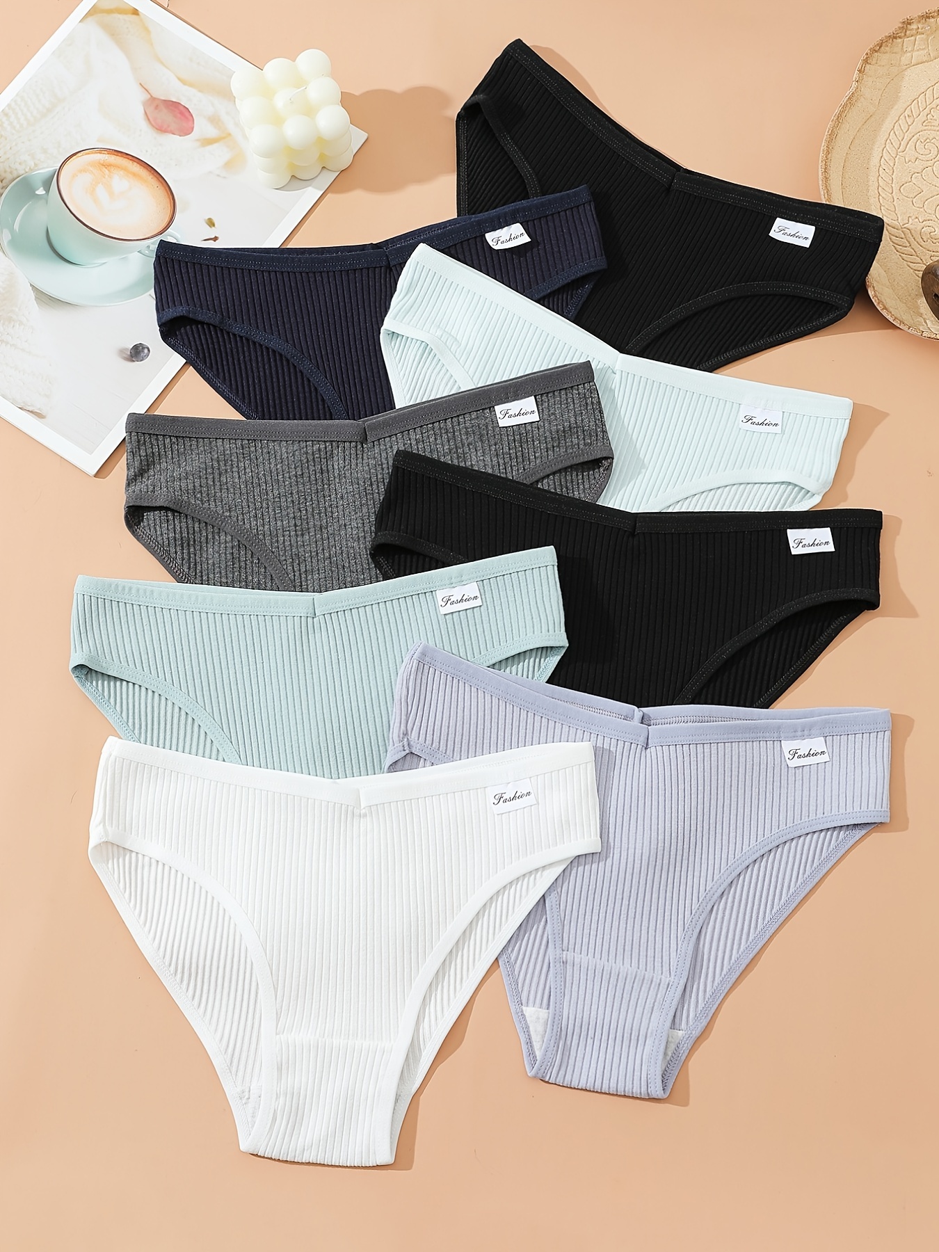 8pcs Seamless Ribbed Bikini, Comfy & Breathable Low Waist Panties, Women's Lingerie & Underwear