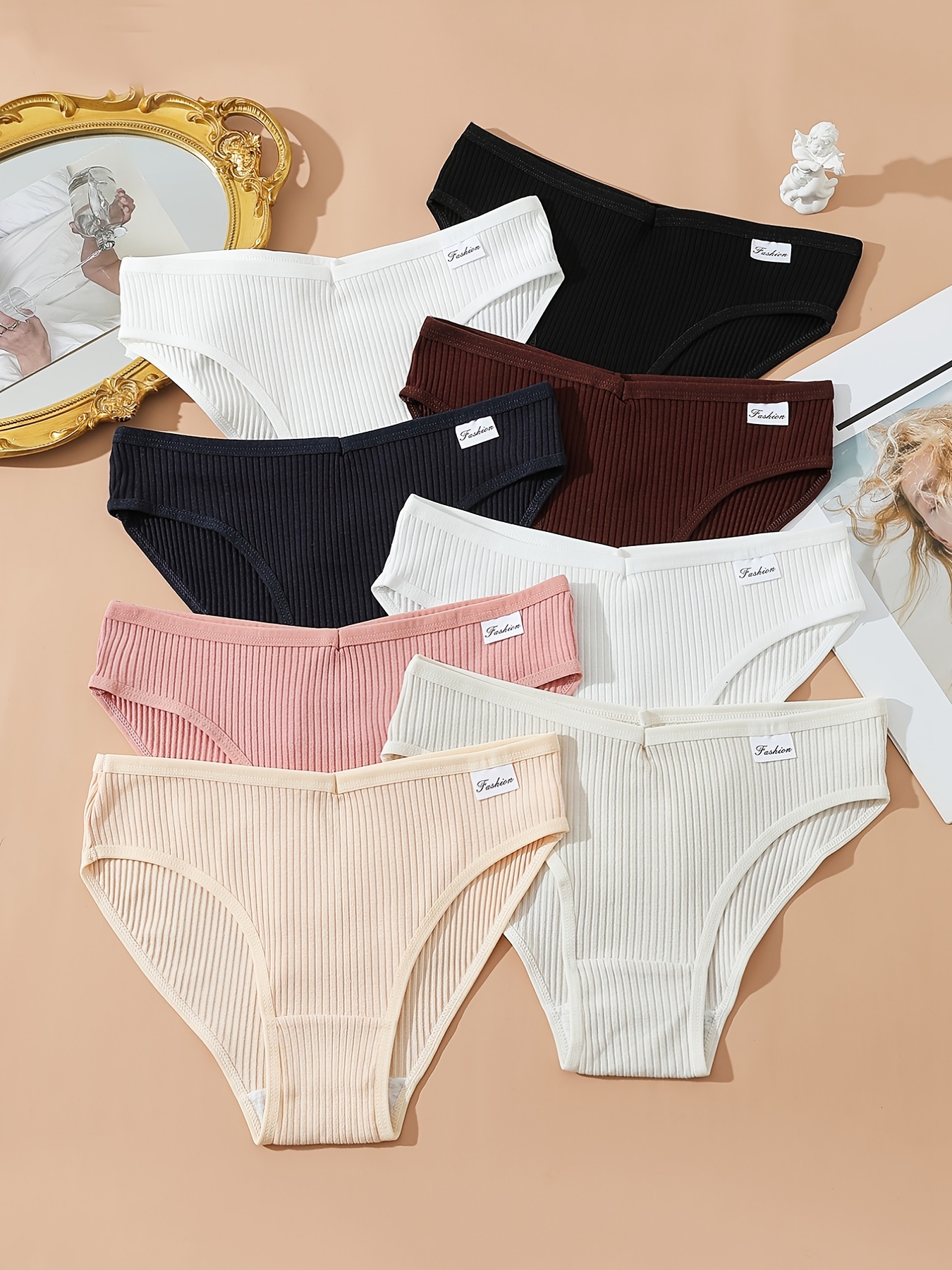 8pcs Seamless Ribbed Bikini, Comfy & Breathable Low Waist Panties, Women's Lingerie & Underwear