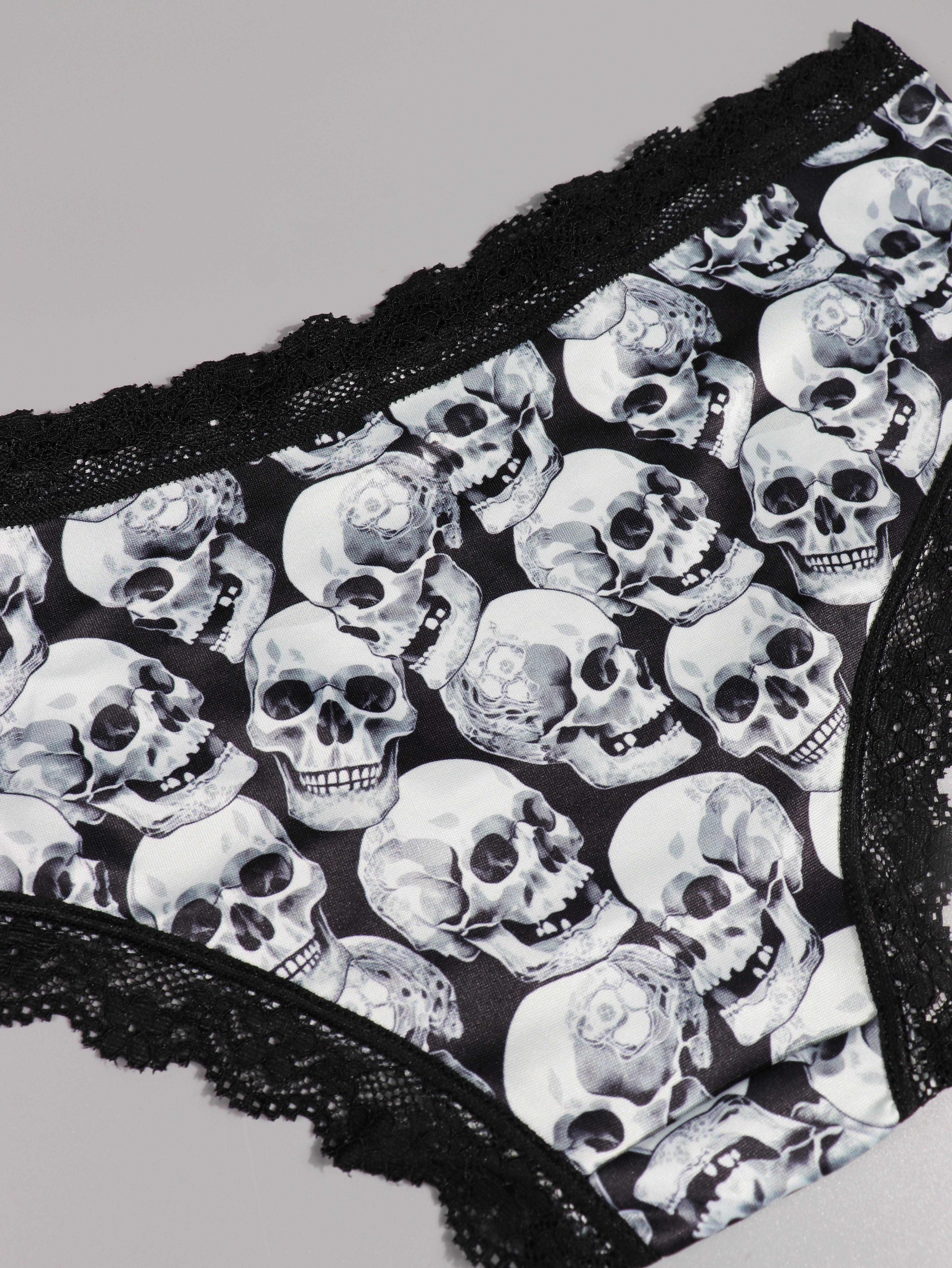 4pcs Gothic Skull Print Lace Trim Low Waist Briefs, Soft & Comfy Stretchy Panties, Women's Lingerie & Underwear