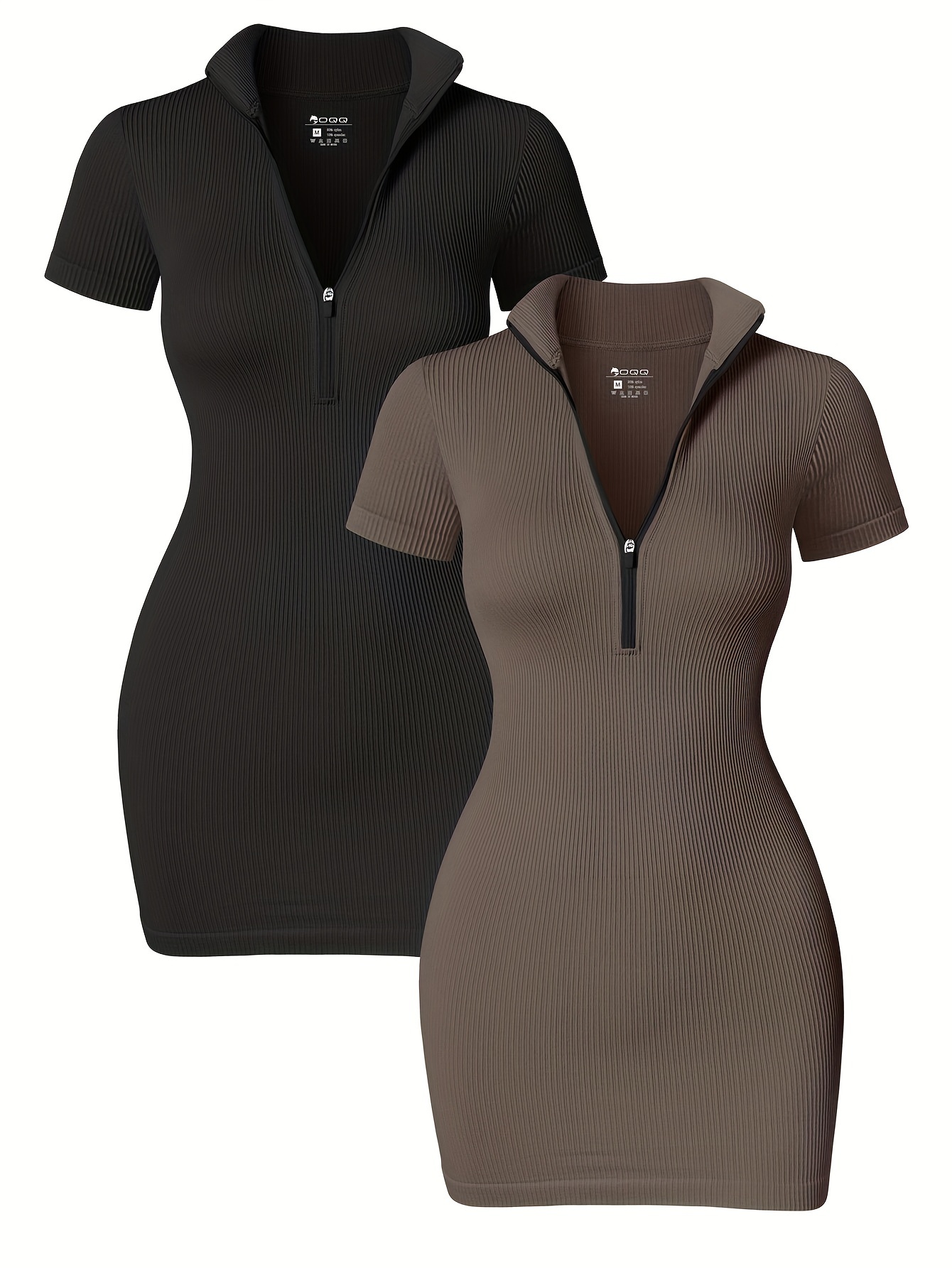 2-Pack Women's Ribbed Knit Mini Dress With Zipper, Short Sleeve Bodycon Dress, Solid Color Casual Summer Wear
