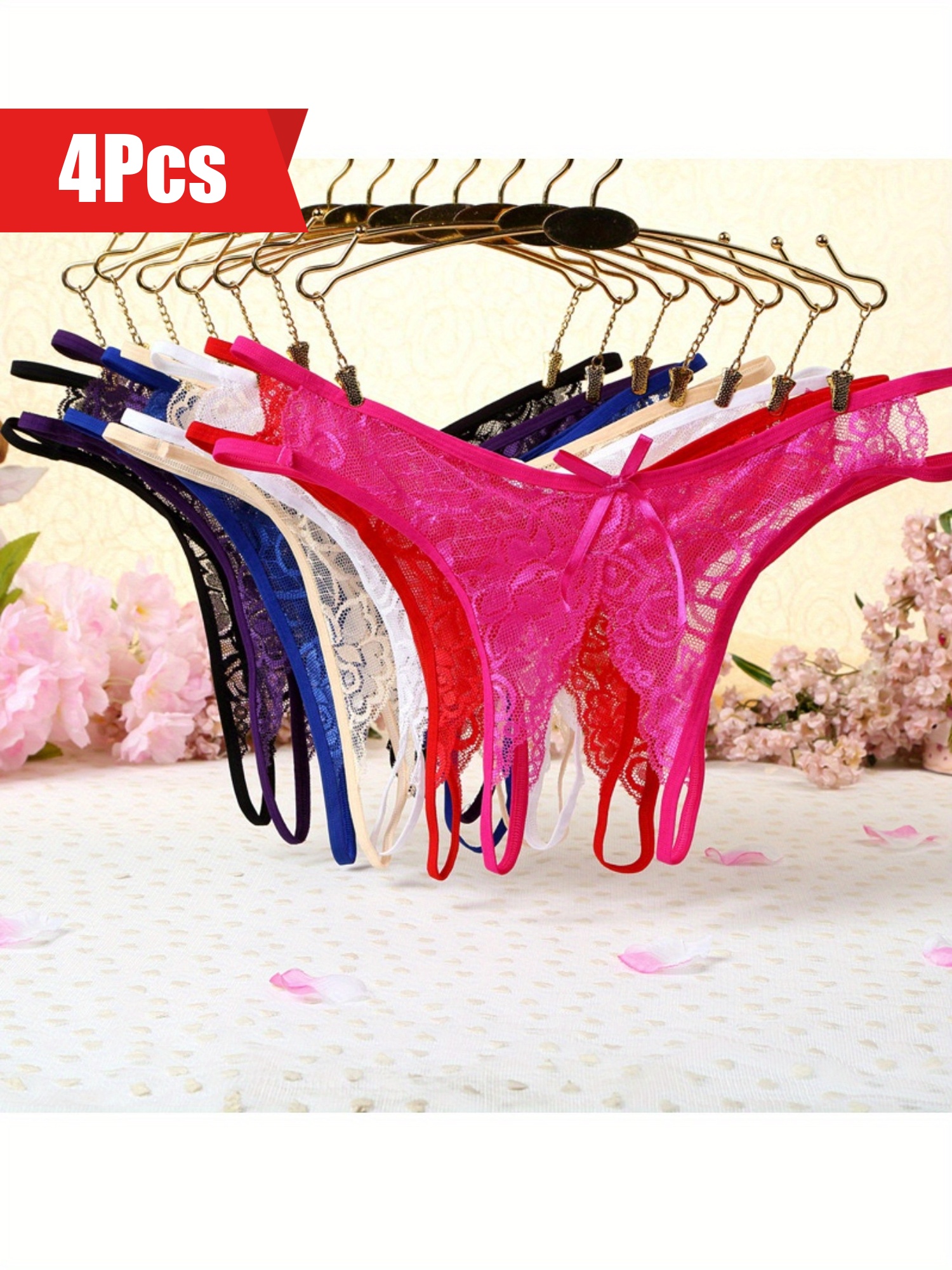 4pcs Floral Lace Mesh Thongs, Sheer Bowknot Panties, Sexy Lingerie and Panties for Women