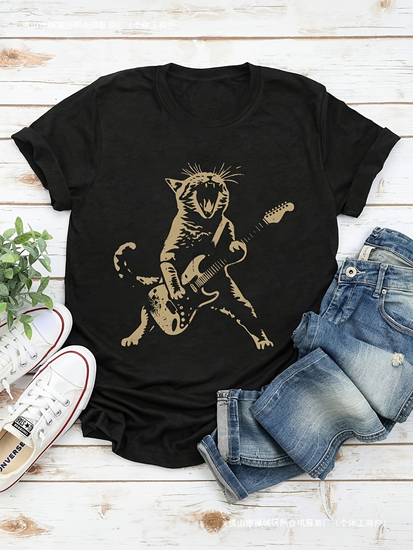 Cute Cat Playing Guitar Graphic T-Shirt for Women - Crew Neck, Slight Stretch Polyester, Machine Washable, Regular Length, All Season Wear - Fun Animal Print Tee for Casual Summer Days
