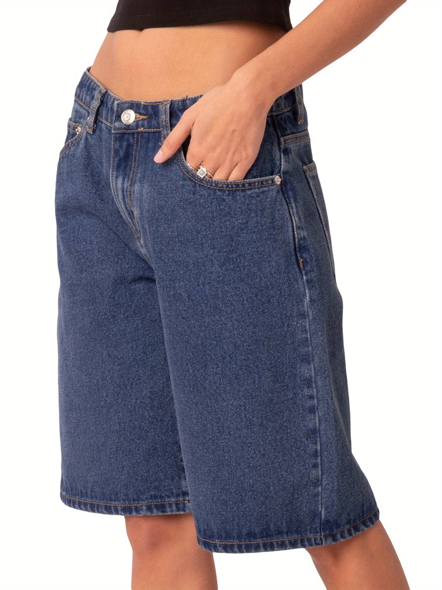 Womens Knee Length Denim Shorts Solid Color High Waist Loose Fit Jean Shorts for Summer