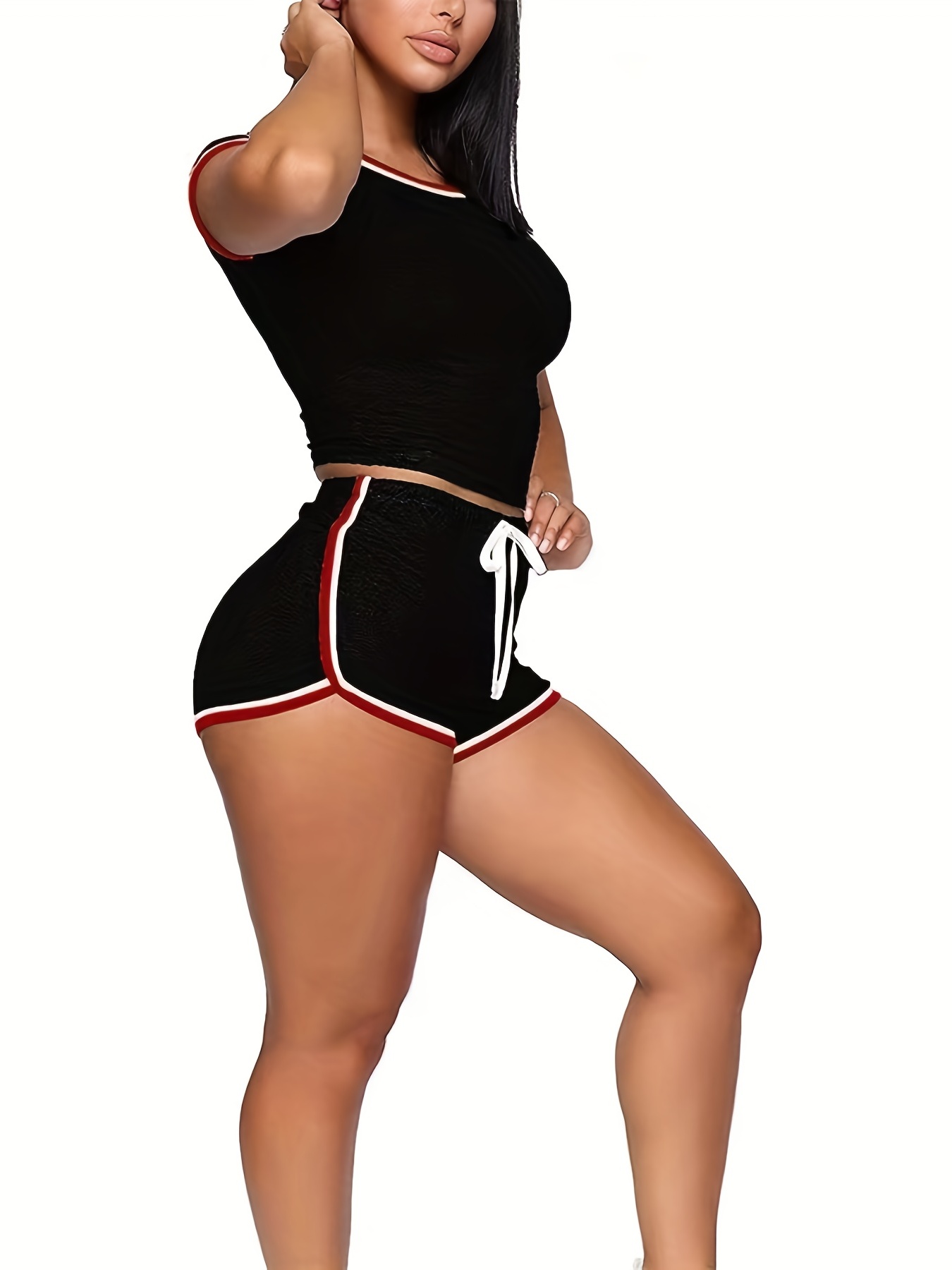 2Pcs Contrast Trim Sports Set, Round Neck Short Sleeves Tee & Drawstring Running Short Sporty Suit, Women's Activewear