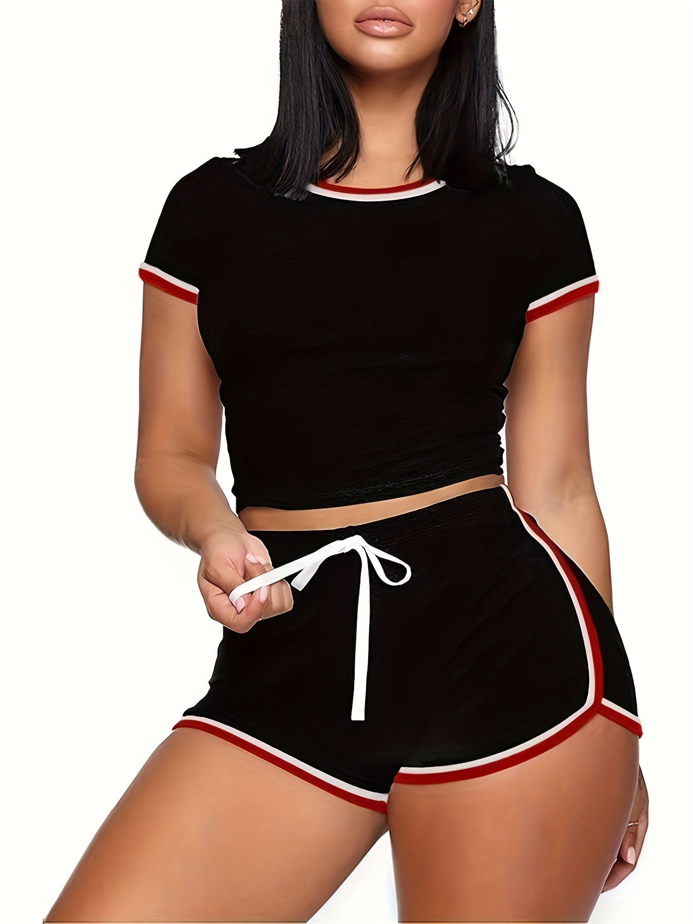2Pcs Contrast Trim Sports Set, Round Neck Short Sleeves Tee & Drawstring Running Short Sporty Suit, Women's Activewear
