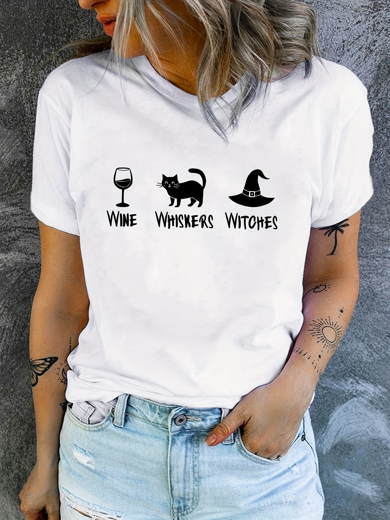 Wine Whiskers Witch Printed T-Shirt, Short Sleeve Crew Neck Casual Top for Summer and Spring, Women's Clothing