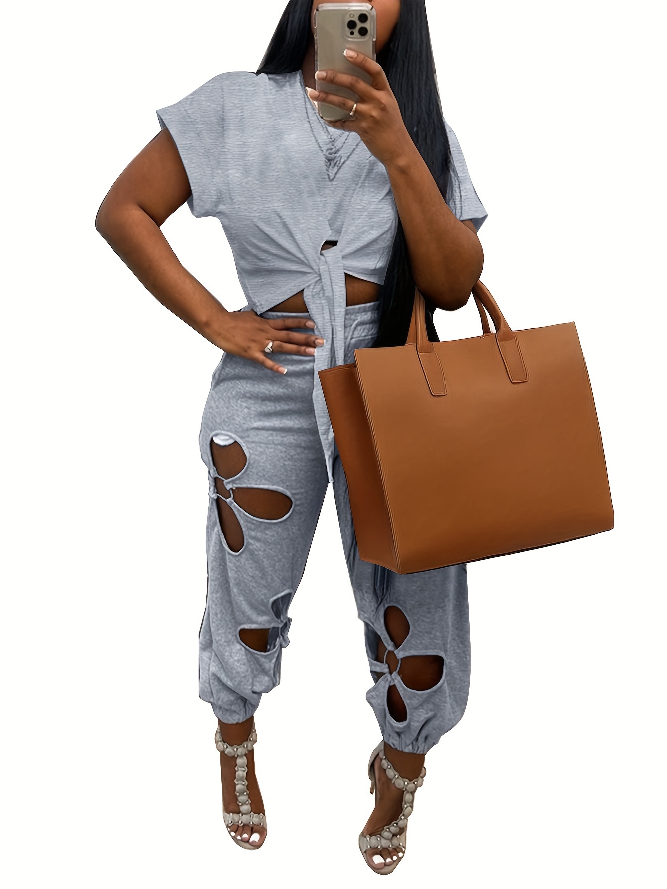 Women 2 Piece Outfits Crop Top With Hollow Out Sweatpants Casual Sets Women Fashion Tracksuit