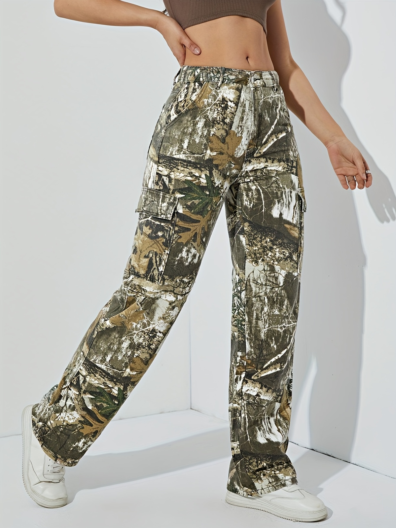 High-Rise Leaf Print Cargo Pants - Flap Pocket, Loose Fit, Y2K & Kpop Inspired, Comfortable Denim Jeans for Women - Fashionable, Trendy, and Stylish Clothing