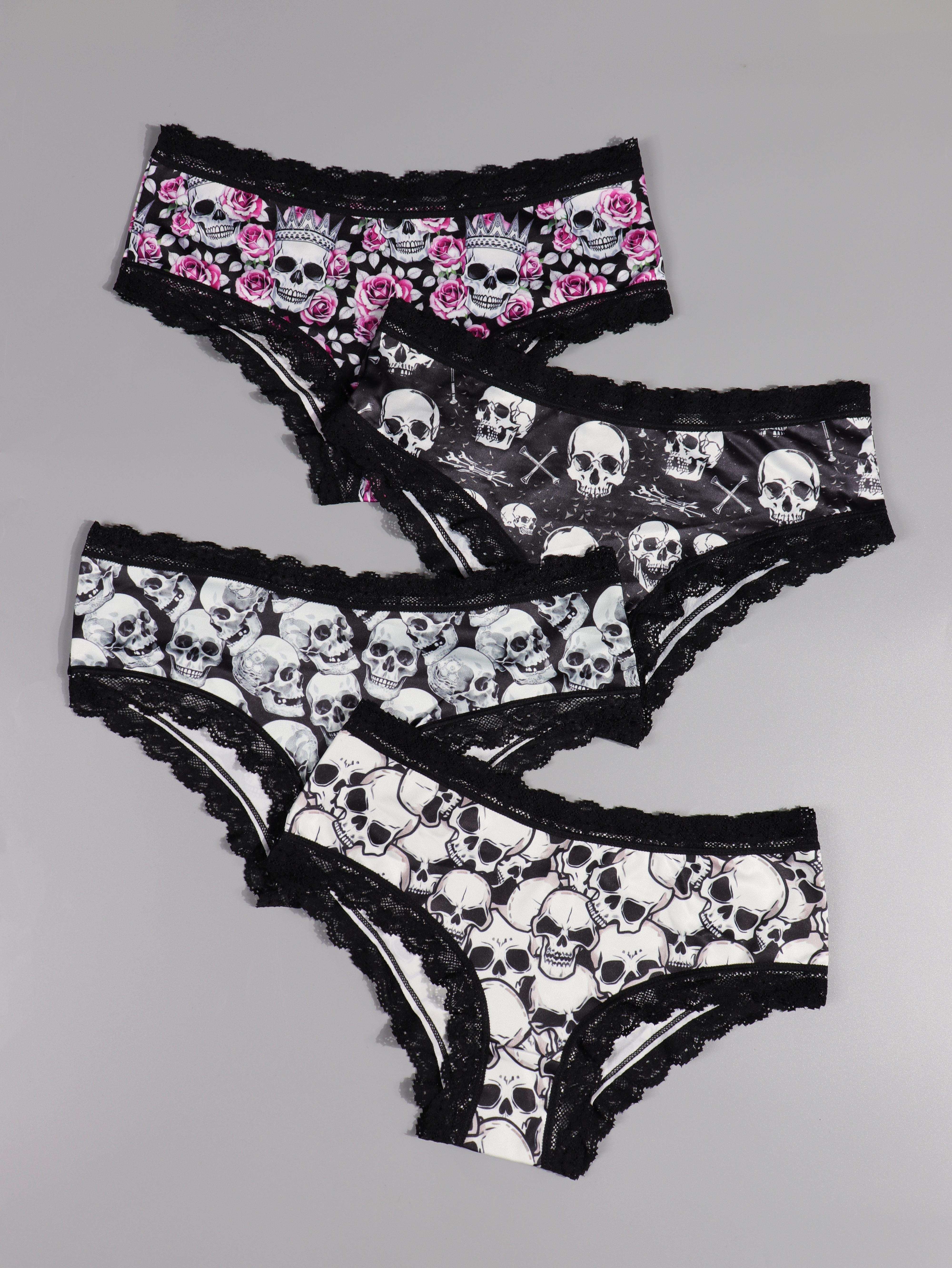 4pcs Gothic Skull Print Lace Trim Low Waist Briefs, Soft & Comfy Stretchy Panties, Women's Lingerie & Underwear