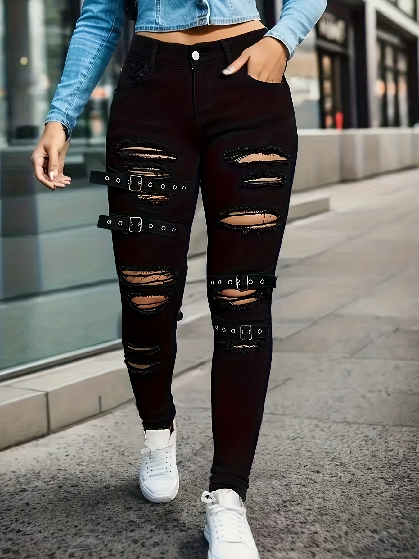 Trendy High-Waisted Ripped Skinny Jeans - Distressed Black Denim Pants with Buckle Details, Street Style Design, Comfortable Stretch Fabric, and Flattering Fit for Spring and Fall Seasons