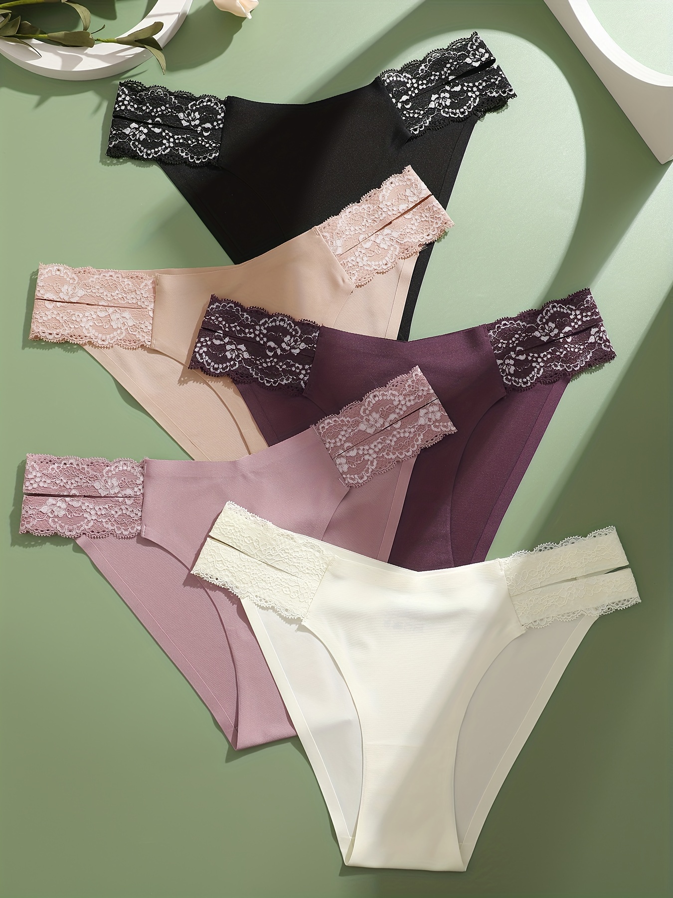 5pcs Eco-Chic Womens Lace Briefs - Seductive Hollow Out Design, Seamless Stretch, Breathable Recycled Fabric for Intimate Comfort