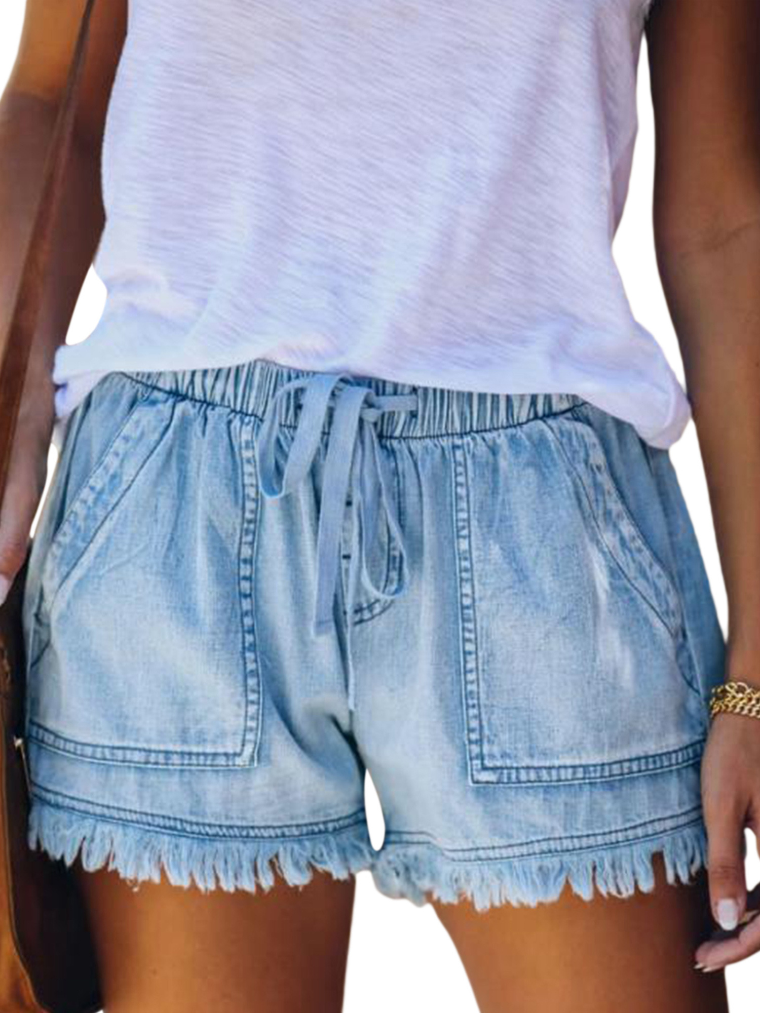 Women's Washed Denim Shorts, Casual Drawstring Elastic Waist Frayed Hem Loose Fit Denim Shorts