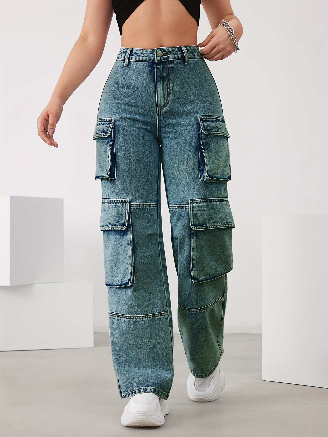Sky Blue Multi-pocket Cargo Pants, High Waist Loose Wide Leg Denim Pants, Women's Denim Jeans & Clothing