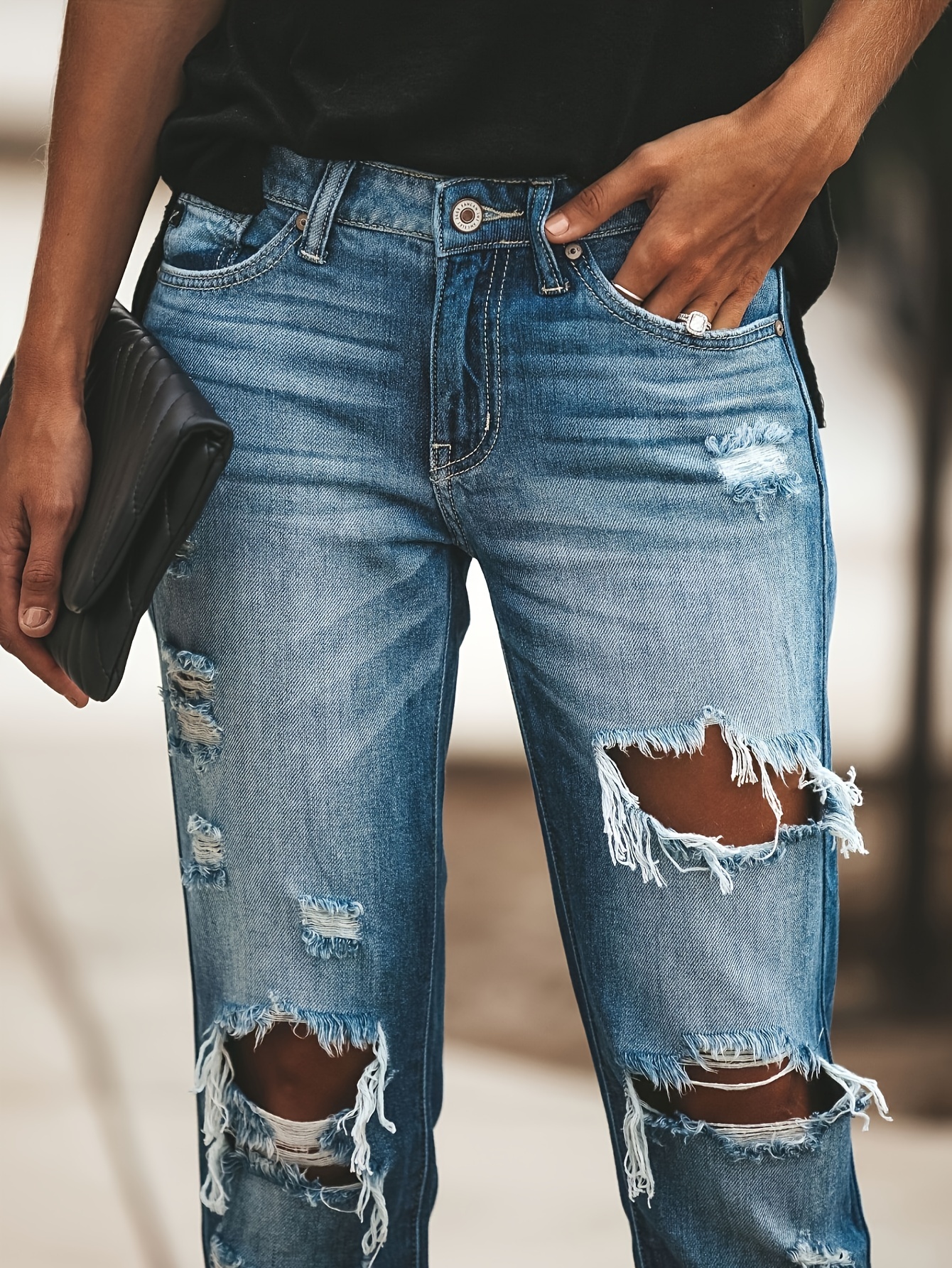 Stylish Women's Ripped Boyfriend Jeans - Loose Fit, Distressed, Stretchy, Mid-Waisted, Comfortable Denim Pants with Relaxed Silhouette, Five-Pocket Design, and Soft Fabric