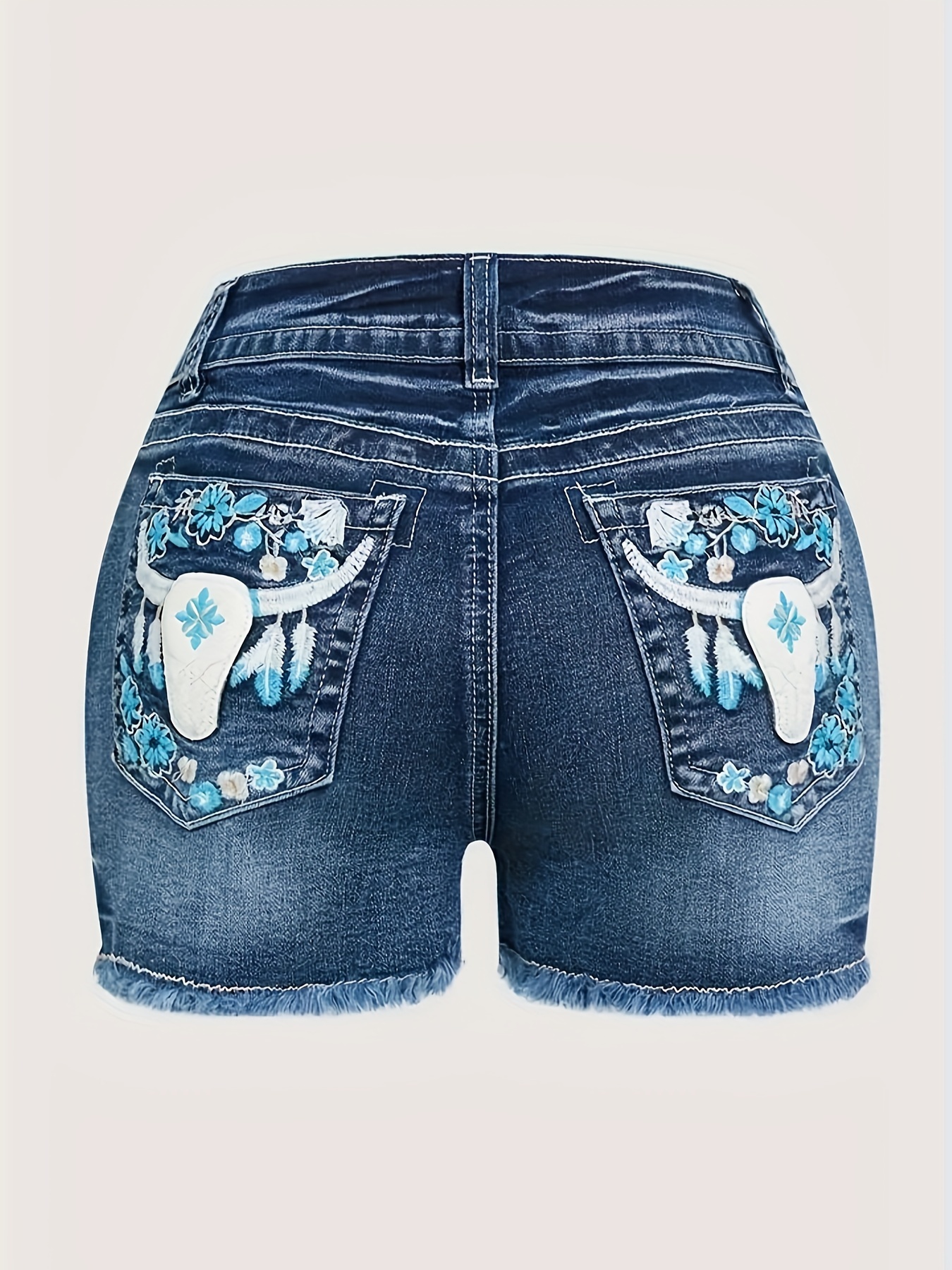 Bull Floral Embroidered Denim Women's Shorts, Casual Style, Frayed Hem, Pocket Detailing, Summer Fashion