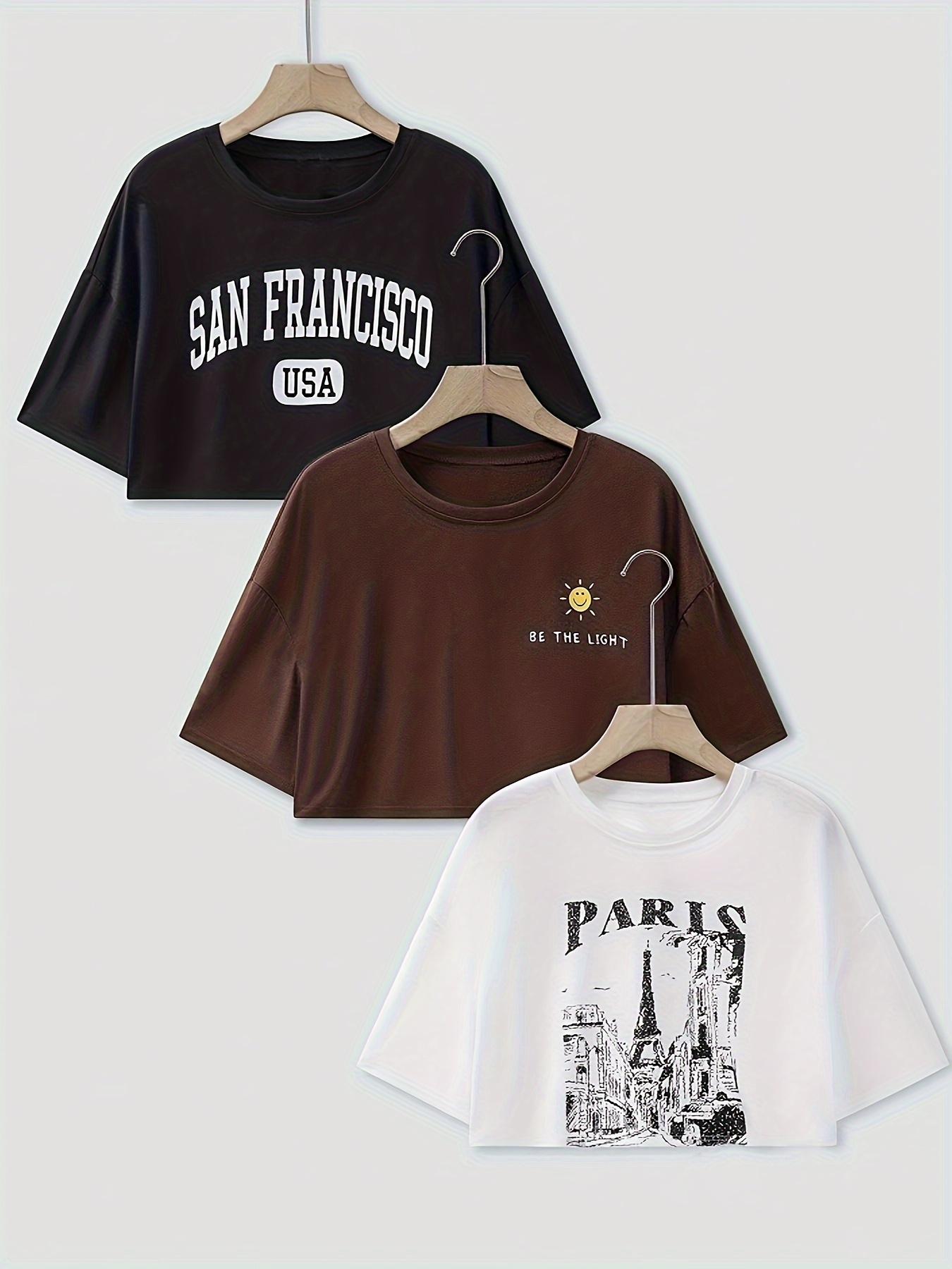 3-Piece Comfortable Crew Neck Short-Sleeved Letter Print Crop Top Sports T-Shirt Set - Soft Medium Stretch Polyester Fabric, Street Style, Summer Wear, Positioning Printing, Knit Fabric - Ideal for Casual Outings and Fitness Enthusiasts