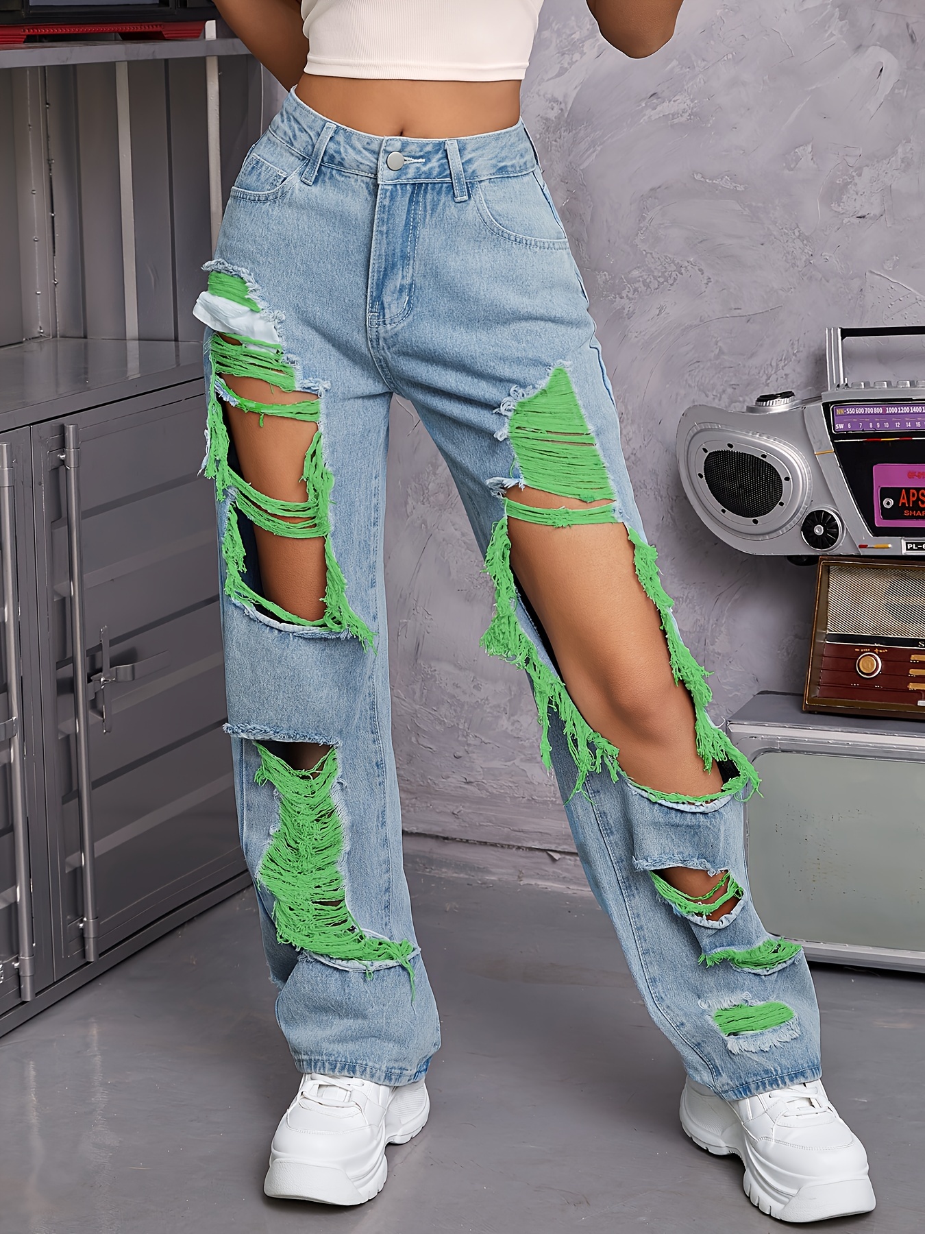 Women's Distressed Ripped Jeans, High Waist Vintage Denim Pants, Streetwear Fashion, Casual Loose Fit Trousers With Pockets, Light Blue Wash