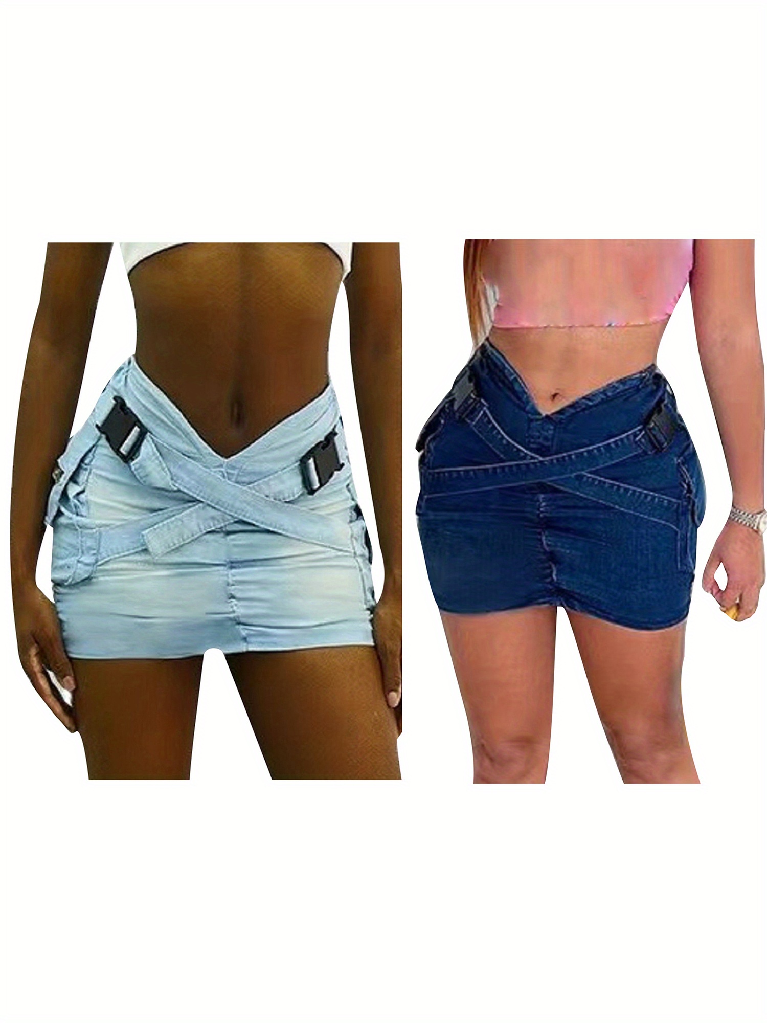Women Cargo Denim Skirt Casual Summer Cross Straps Ruched Jeans Mini Skirt for Beach Vacation Club Streetwear