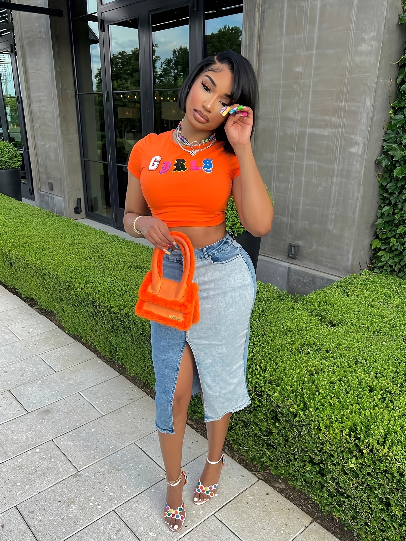 Letter Fashion Y2k Style Casual Crop Top, Round Neck Summer Slim Fit T-shirts, Women's Tops