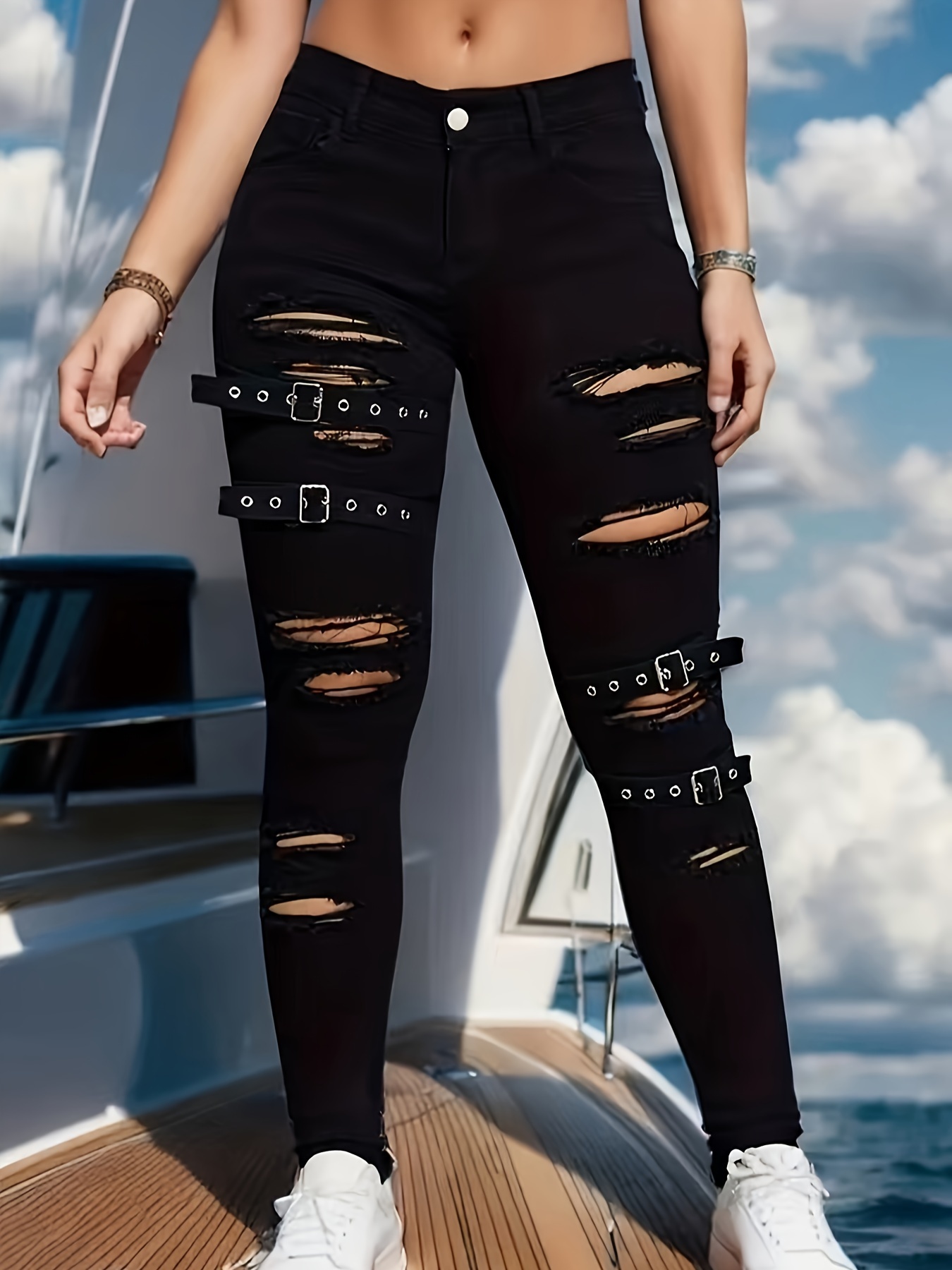 Trendy High-Waisted Ripped Skinny Jeans - Distressed Black Denim Pants with Buckle Details, Street Style Design, Comfortable Stretch Fabric, and Flattering Fit for Spring and Fall Seasons