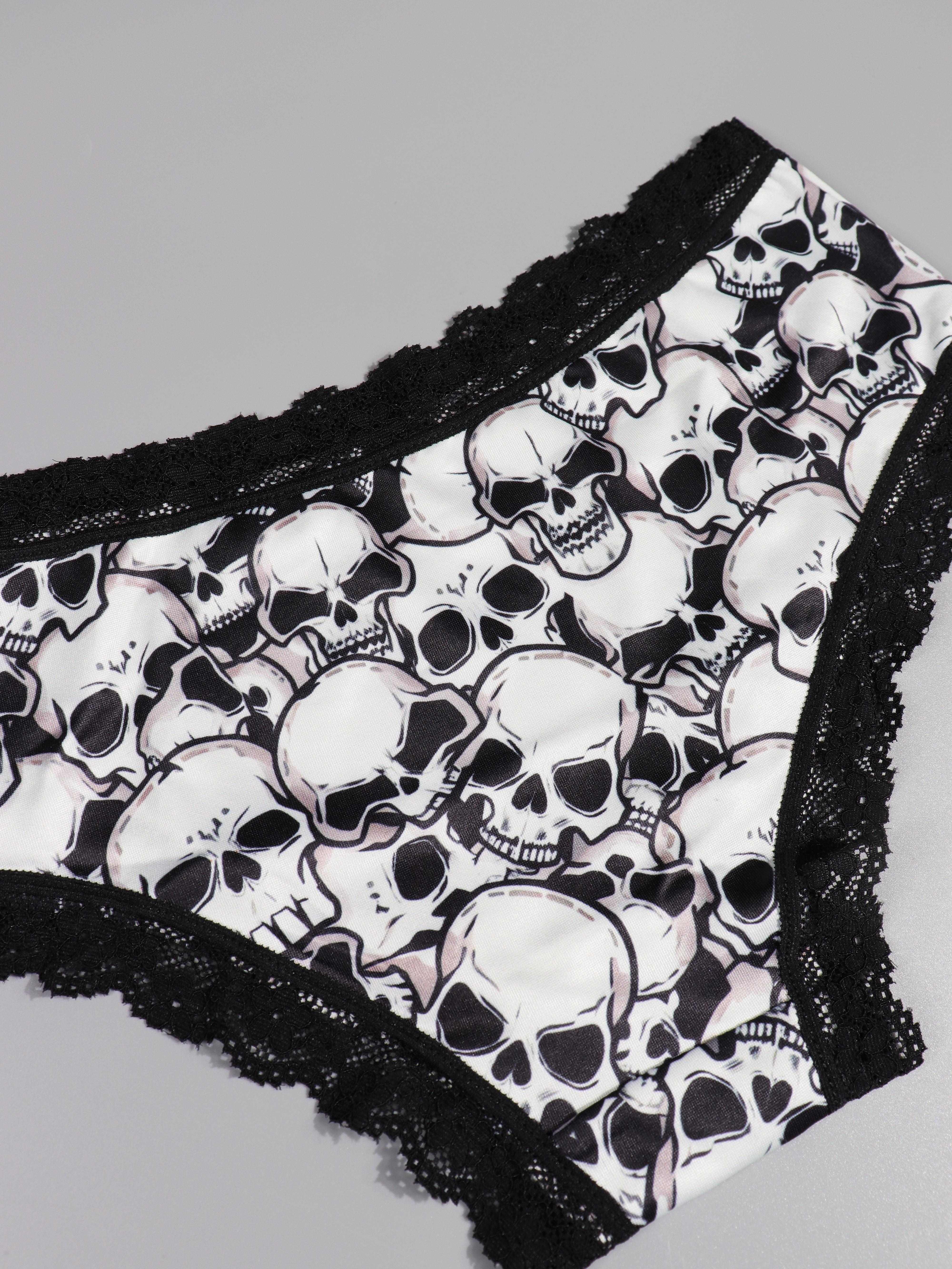4pcs Gothic Skull Print Lace Trim Low Waist Briefs, Soft & Comfy Stretchy Panties, Women's Lingerie & Underwear