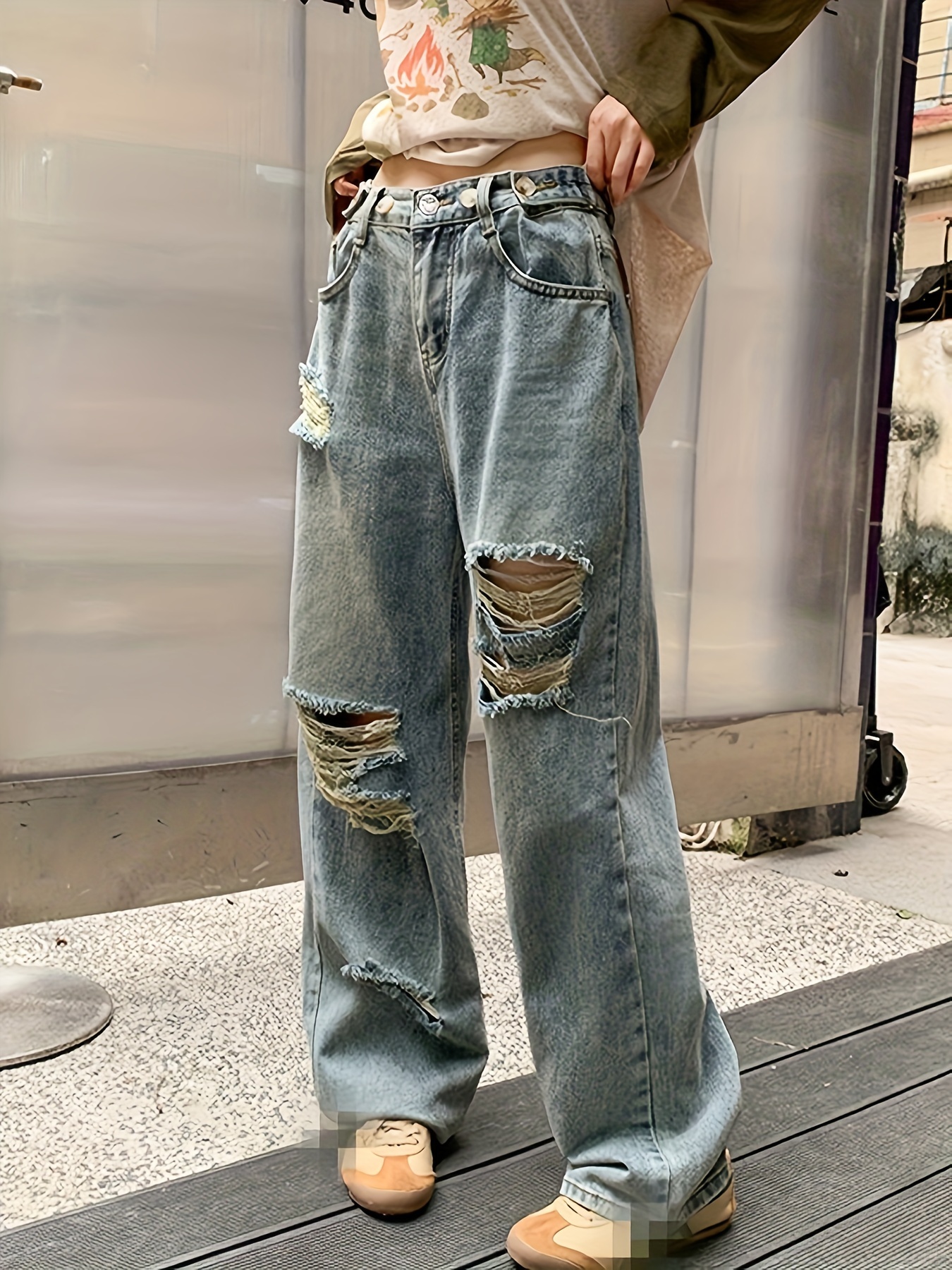 Women's Distressed Wide Leg Jeans with Slant Pockets - Fashionable and Casual Denim Pants for a Trendy Look