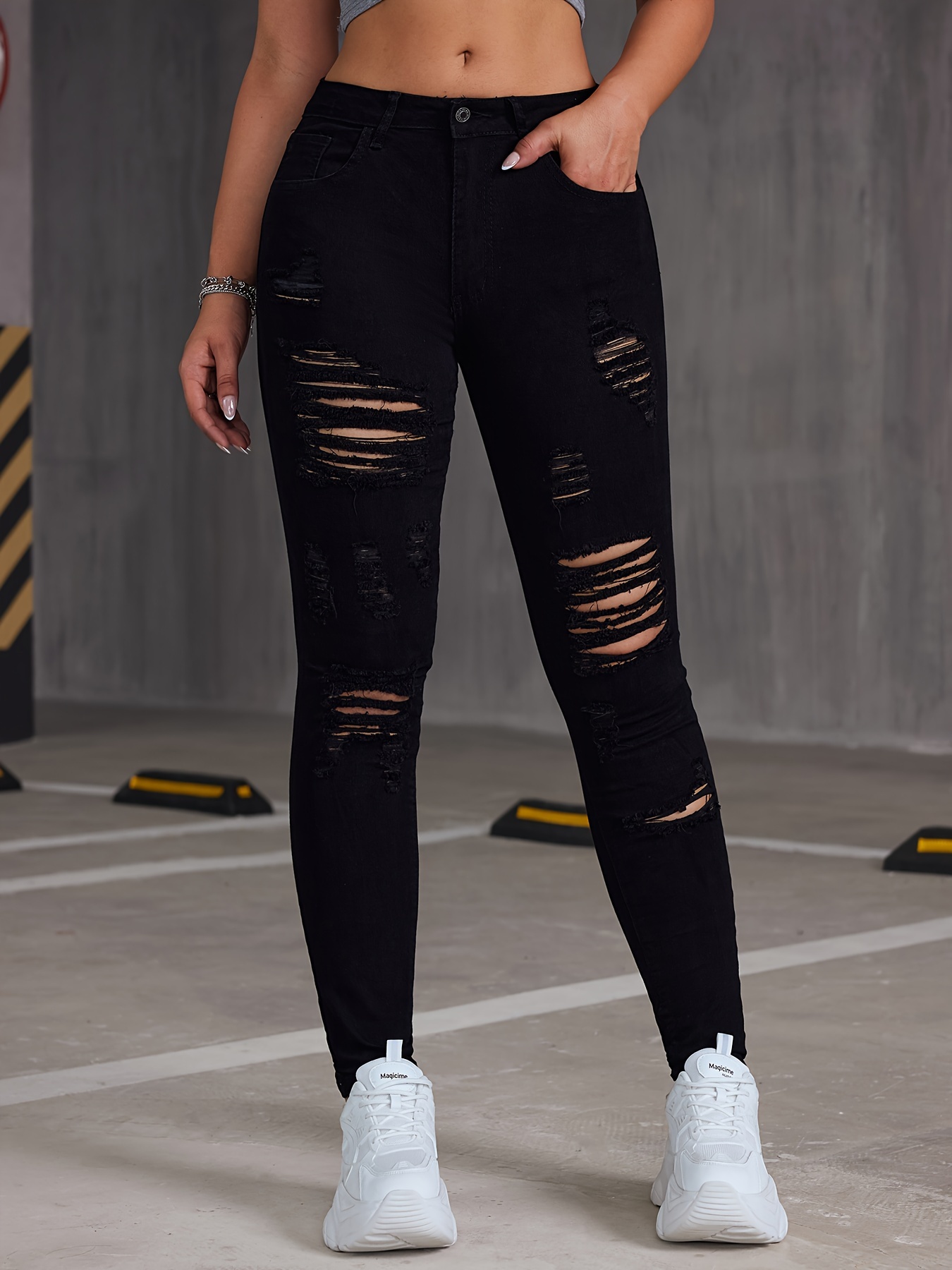 Stretchy High-Rise Skinny Jeans - Distressed, Ripped, High Waist, Comfortable, Black Denim Pants for Women - Fashionable Denim Clothing with High Elasticity and Soft Fabric