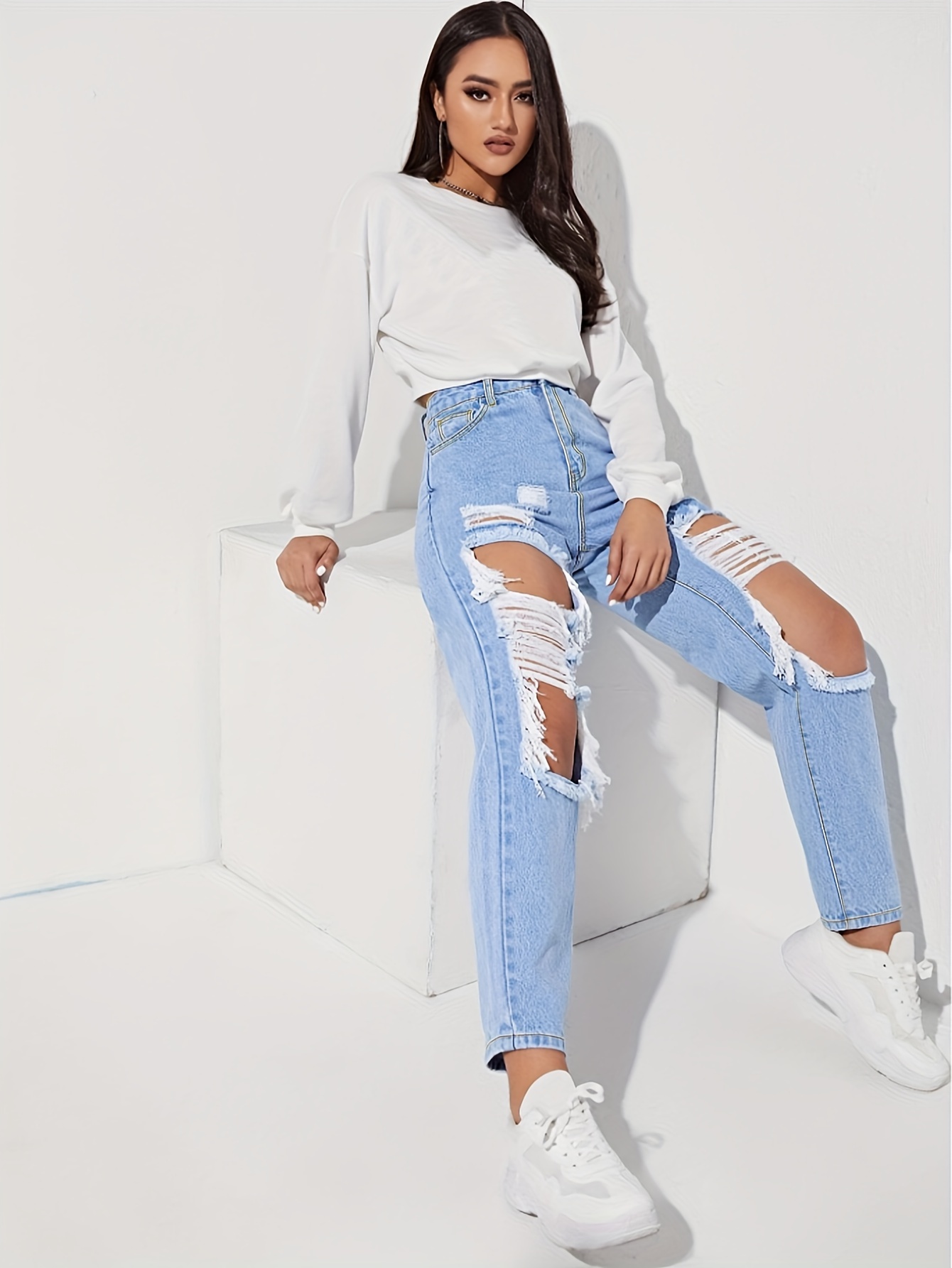 Long Length High-Waisted Wide Leg Distressed Jeans - Fashionable Ripped Denim Pants with Frayed Detail, Relaxed Fit, Button Fly Closure, and Machine Washable - Perfect for Weekend Casual Streetwear